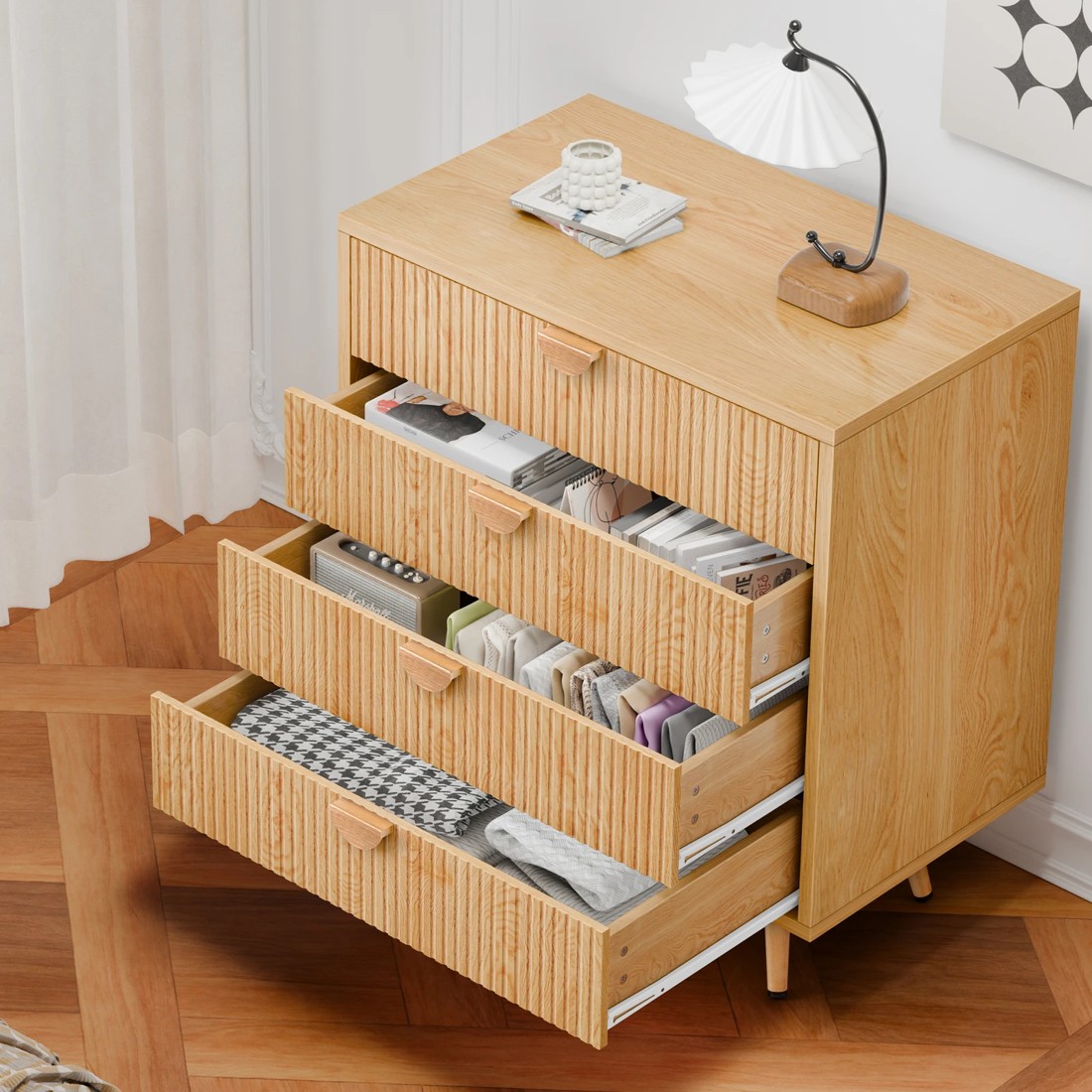 2 Alfordson 4 Chest of Drawers Modern Storage Cabinet Dresser Tallboy - Oak, 2 of 10