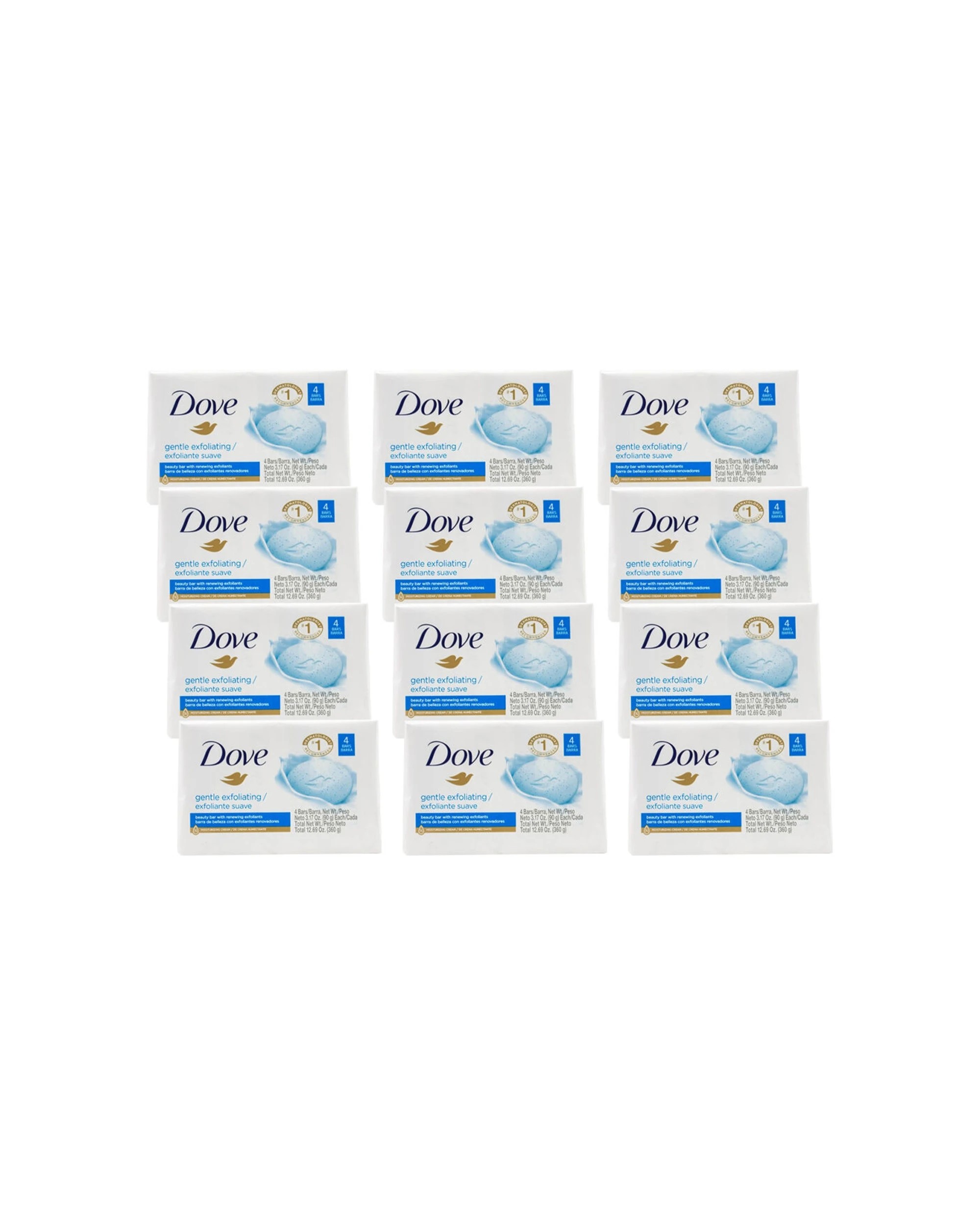 1 Dove 12 x 4pc Beauty Soap Bars 90g Gentle Exfoliating Moisturising - White, 1 of 3