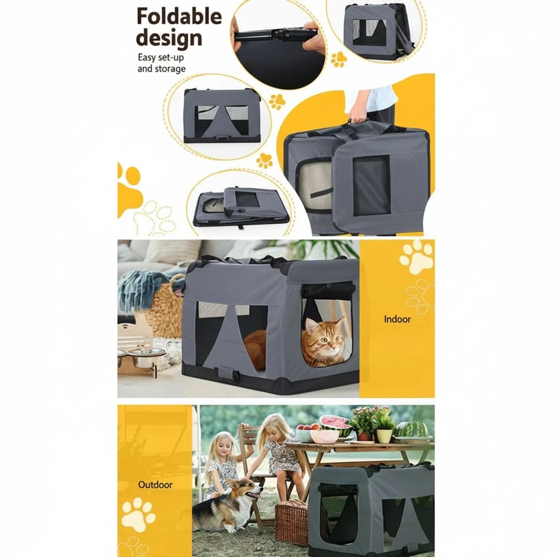 5 i.Pet Pet Carrier Soft Crate Dog Cat Travel 82x58CM Portable Foldable Car - Grey, 5 of 5