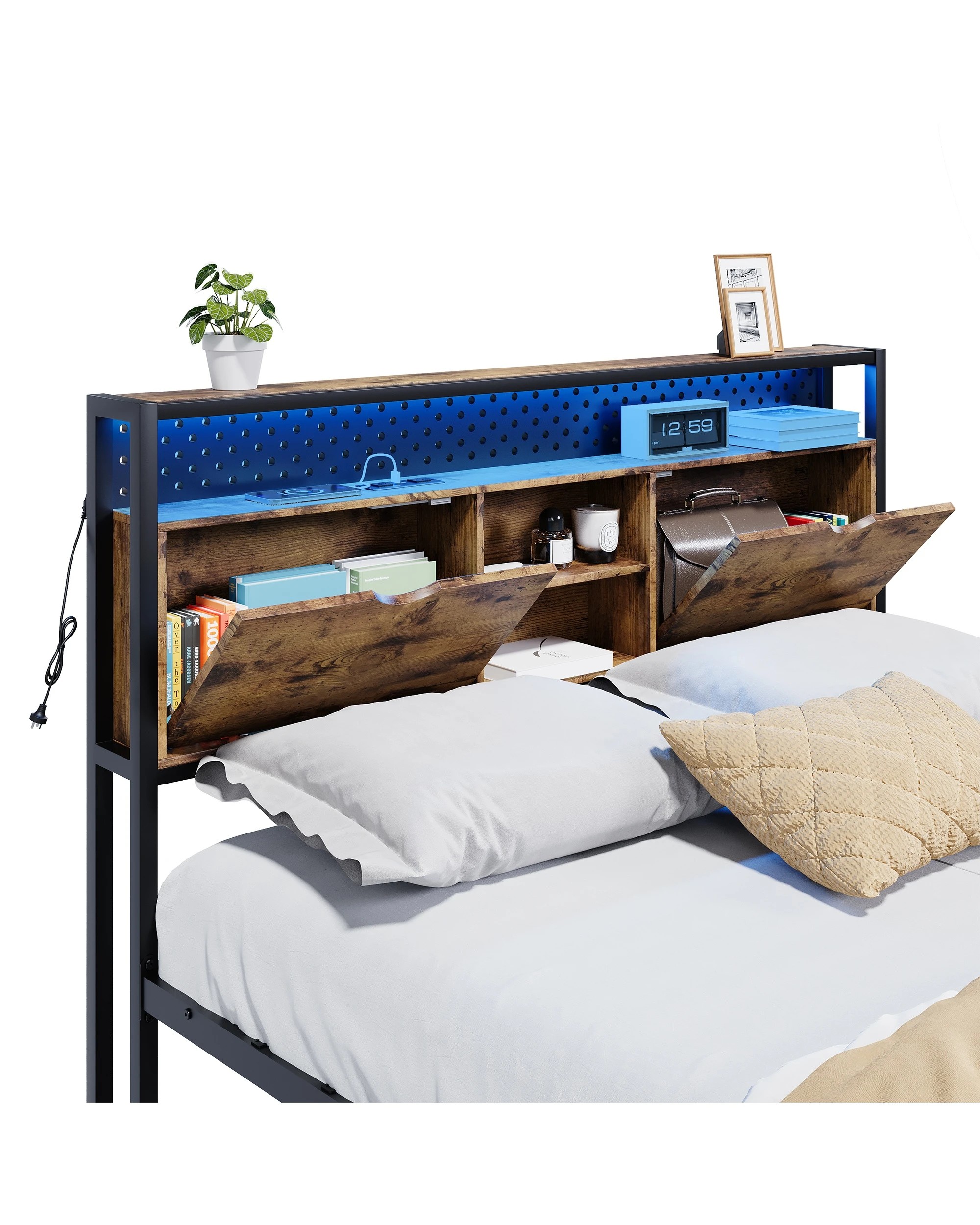 4 Advwin Double Bed Frame with 2 Storage Drawers & LED Lights & Charging Station - Brown, 4 of 7