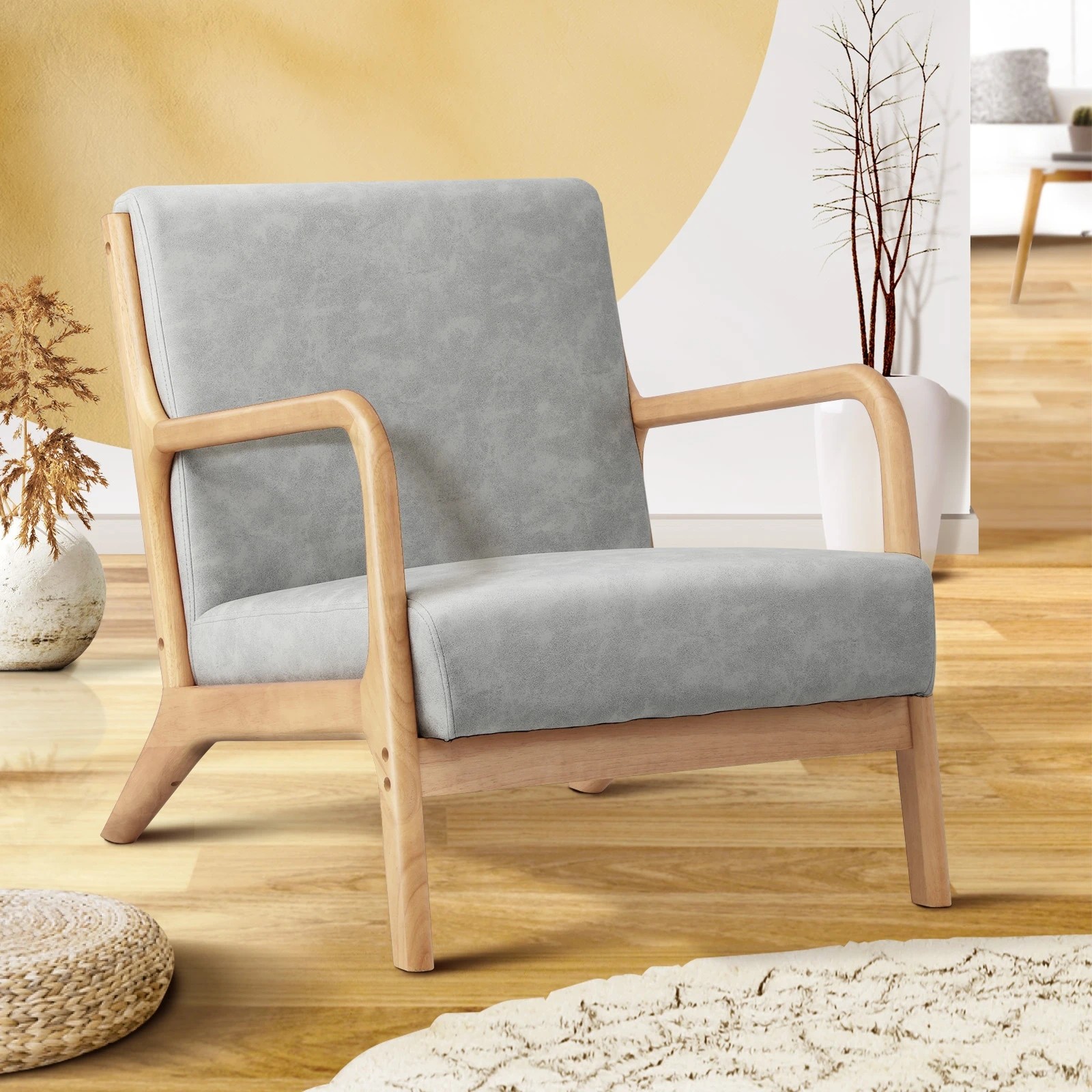 2 Oikiture Armchair Lounge Chair Accent Armchairs Couches Sofa Wood Light
 - Grey, 2 of 10