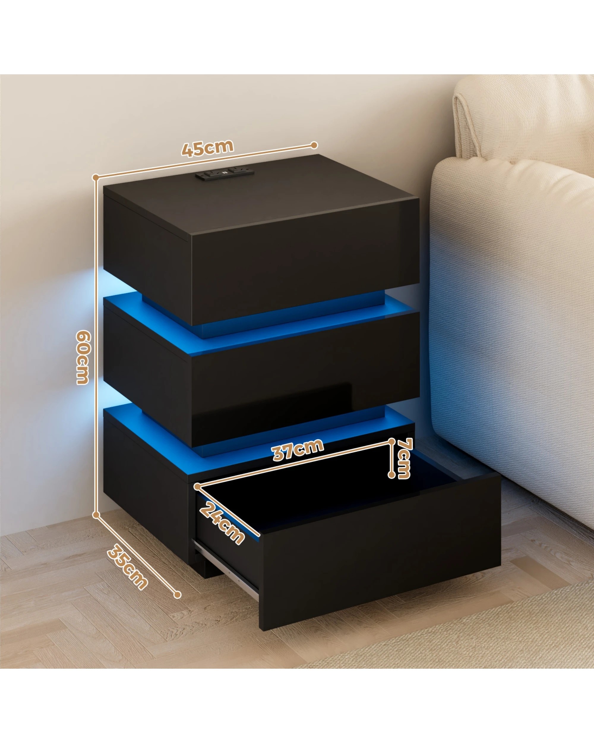 2 Advwin 2x Bedside Table 3 Drawers With with Charging Station & LED Light - Black, 2 of 7