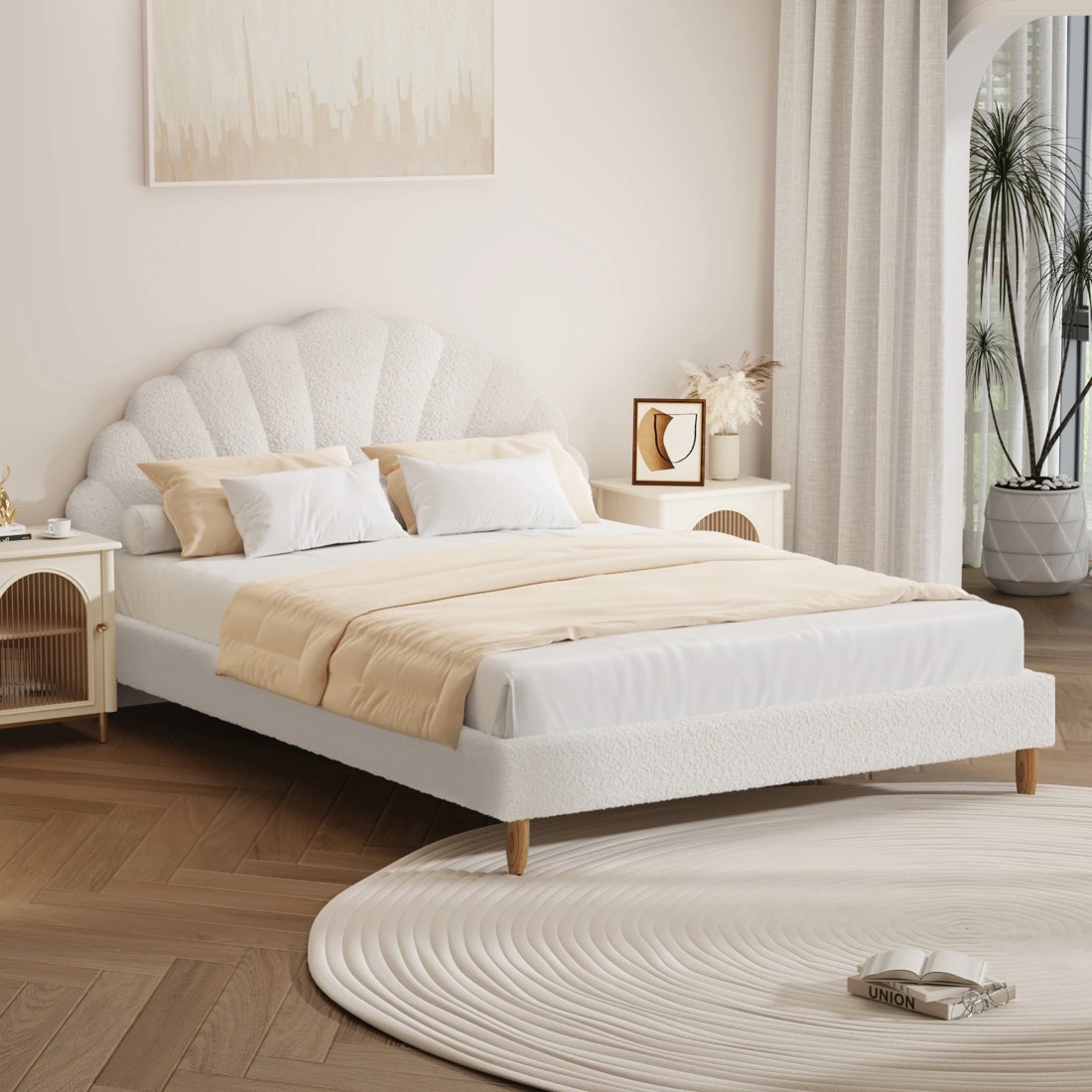 2 Oikiture Double Bed Frame Scallop-shape Bedhead Boucle- White, 2 of 10