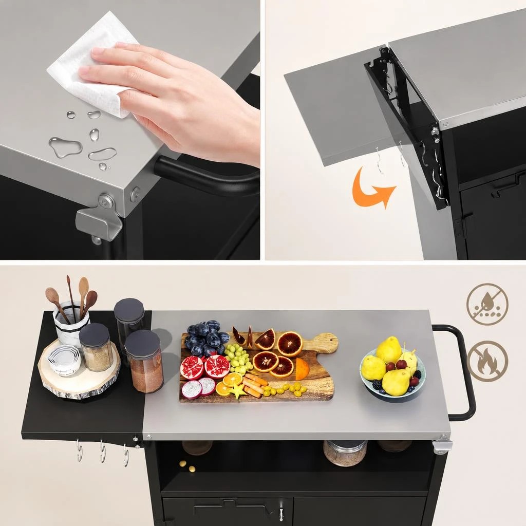 2 Costway Outdoor BBQ Grill Cart 84cm Kitchen Island Trolley Folding Stainless Food Prep Cabinet - Black, 2 of 7