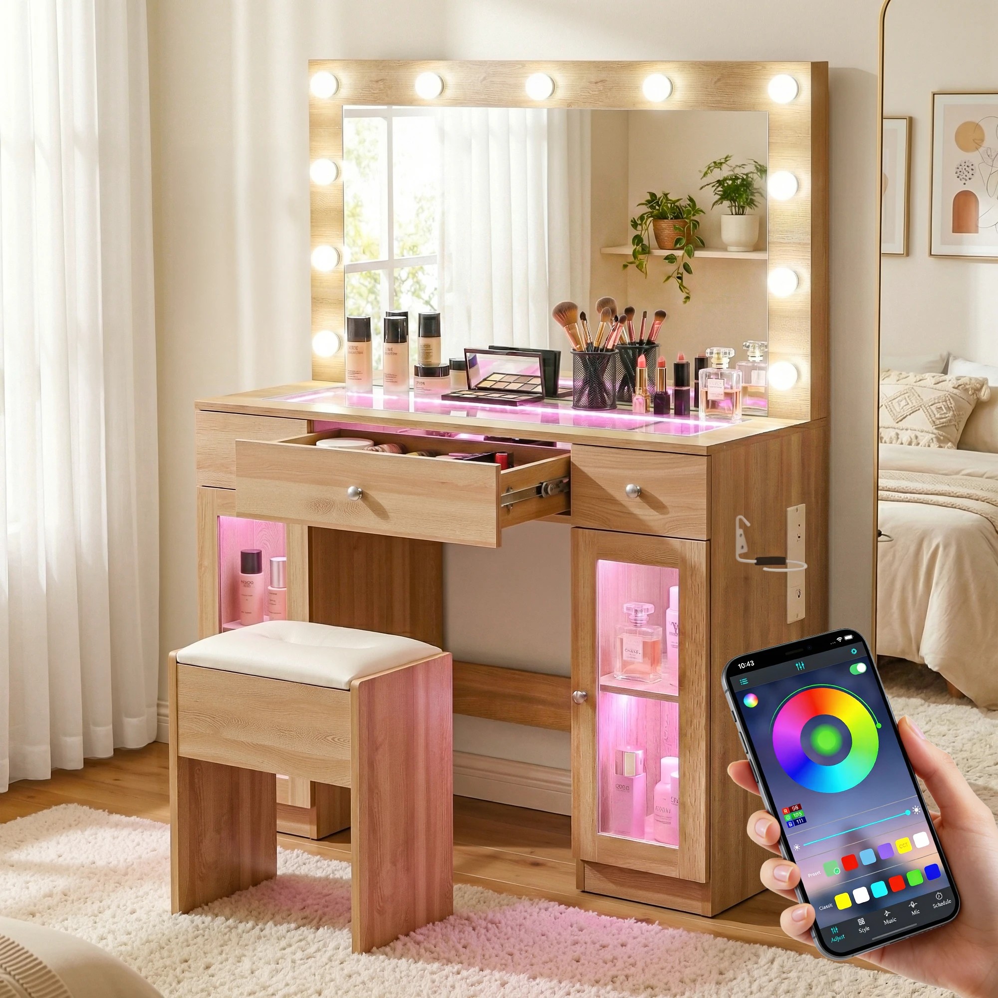 7 Artiss Dressing Table Vanity Desk Set LED Bulbs RGB Light - Natural, 7 of 9