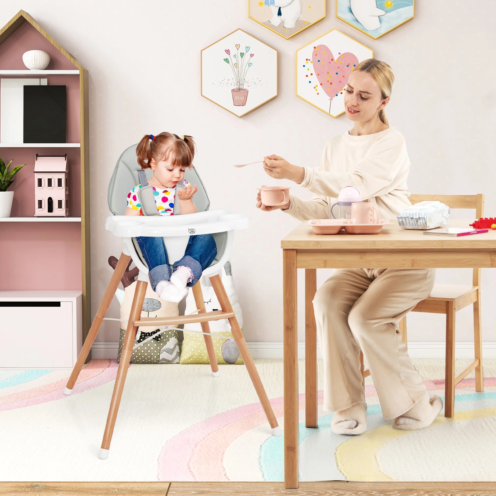 1 Costway Wood High Chair Adjustable Dining Chair Feeding Seat - Grey, 1 of 1