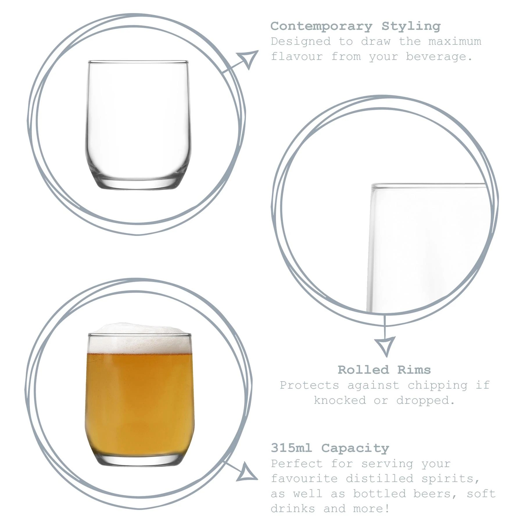 2 LAV 6 Piece Sude Drinking Glasses Set - Contemporary Glass Tumblers for Whisky, Water, Soft Drinks - 315ml - Clear, 2 of 5