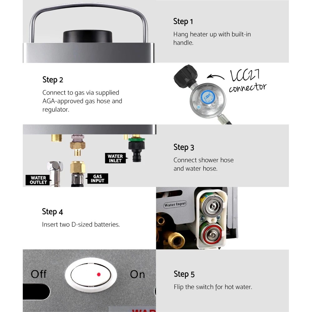 6 Devanti Portable Gas Water Heater LPG System - Beige, 6 of 9