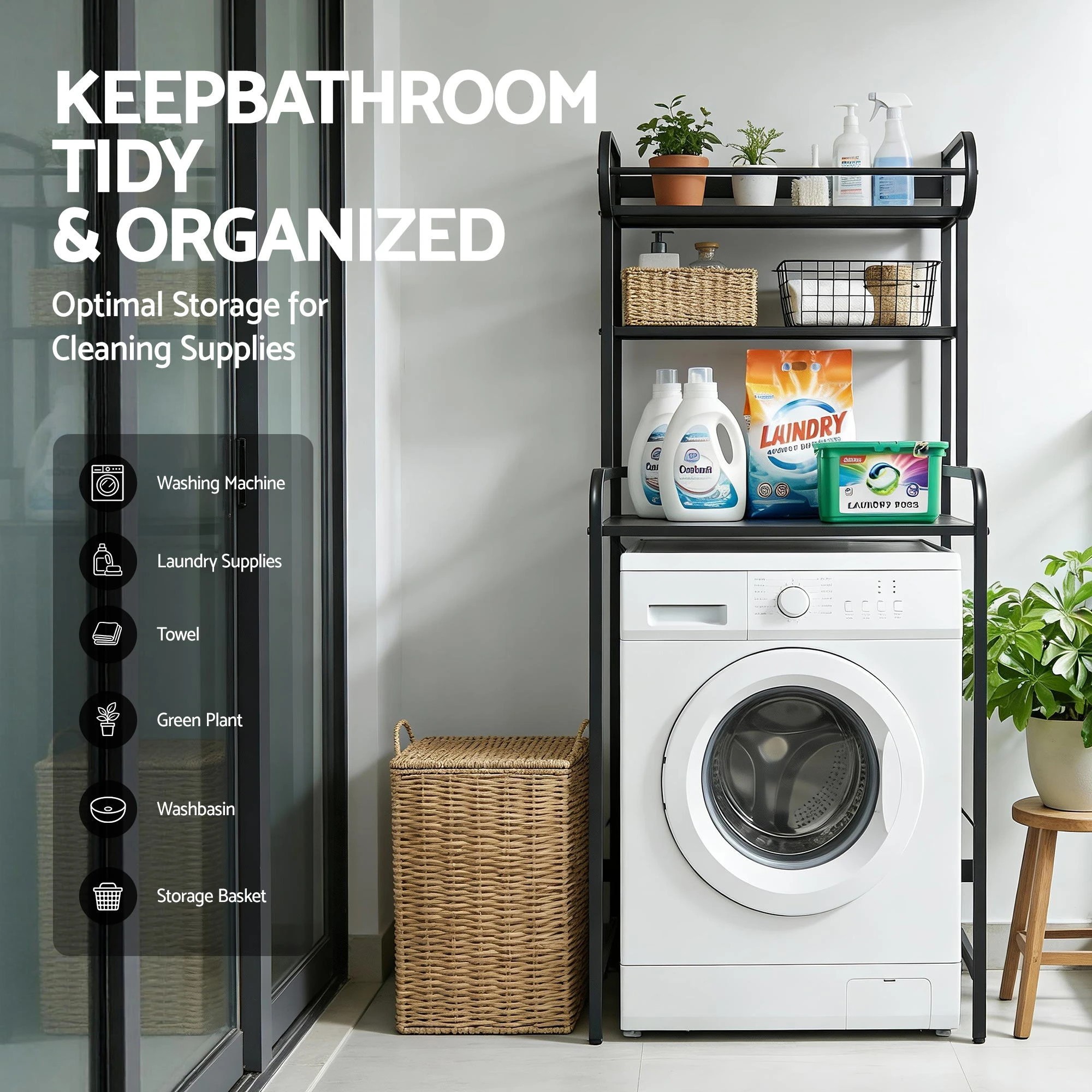 3 Artiss Bathroom Storage Shelf Over Washing Machine Toilet 3 Tier - Black, 3 of 6