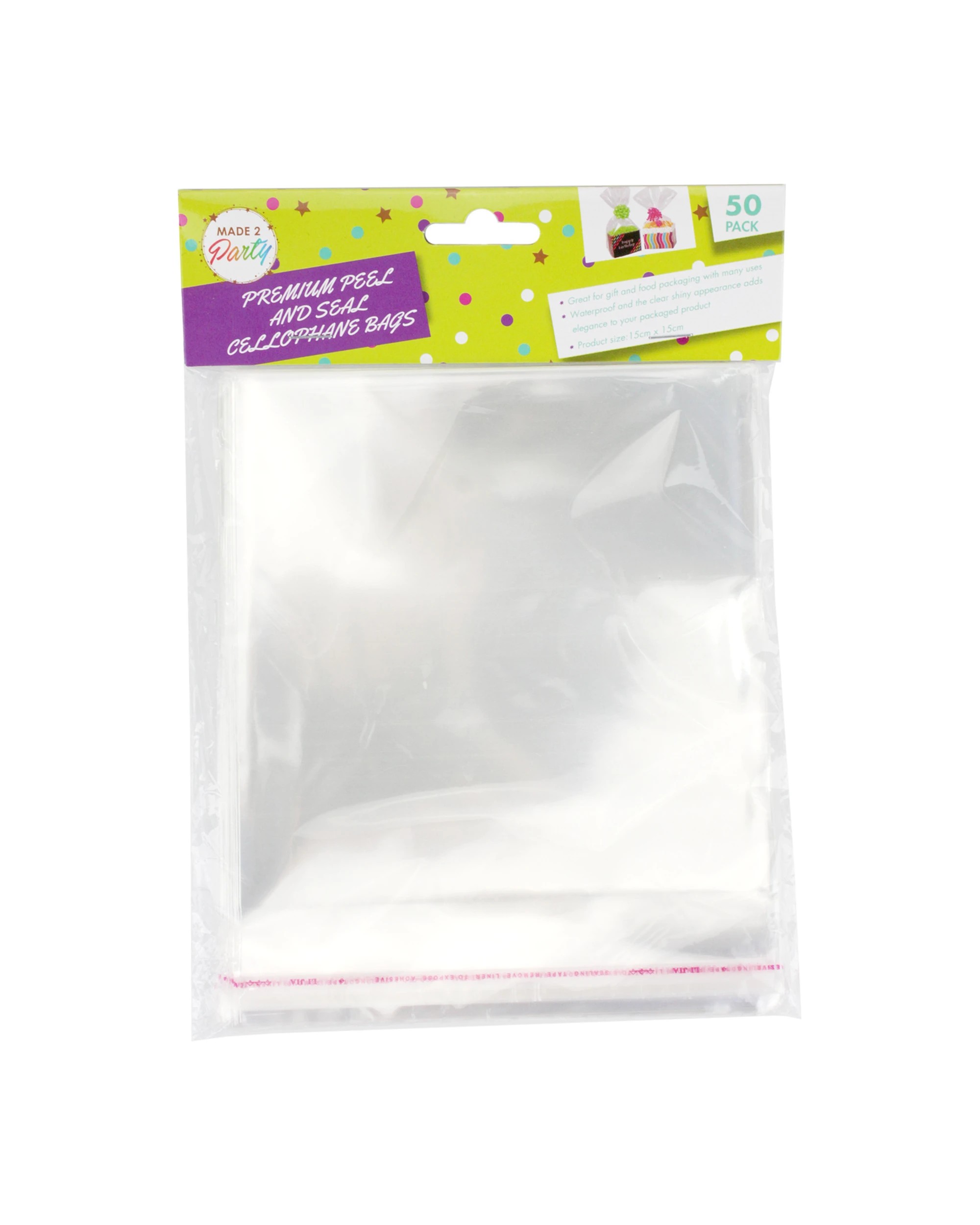 1 Made 2 Party Clear Peel and Seal Cellophane Bags 15cm x 15cm Pack of 50, 1 of 2
