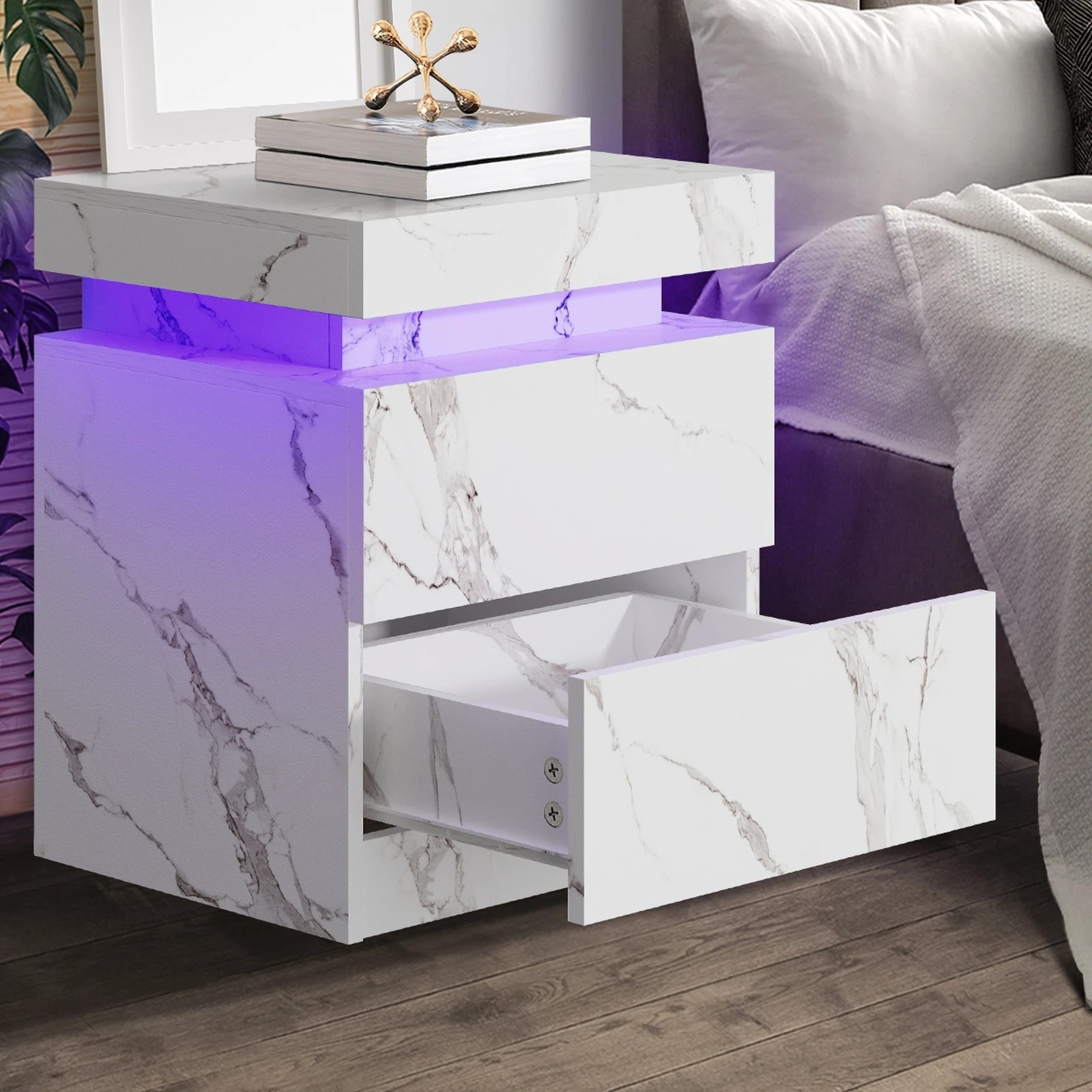 3 Oikiture 2x Bedside Table 2 Drawers LED Nightstand Marble Effect - White, 3 of 7