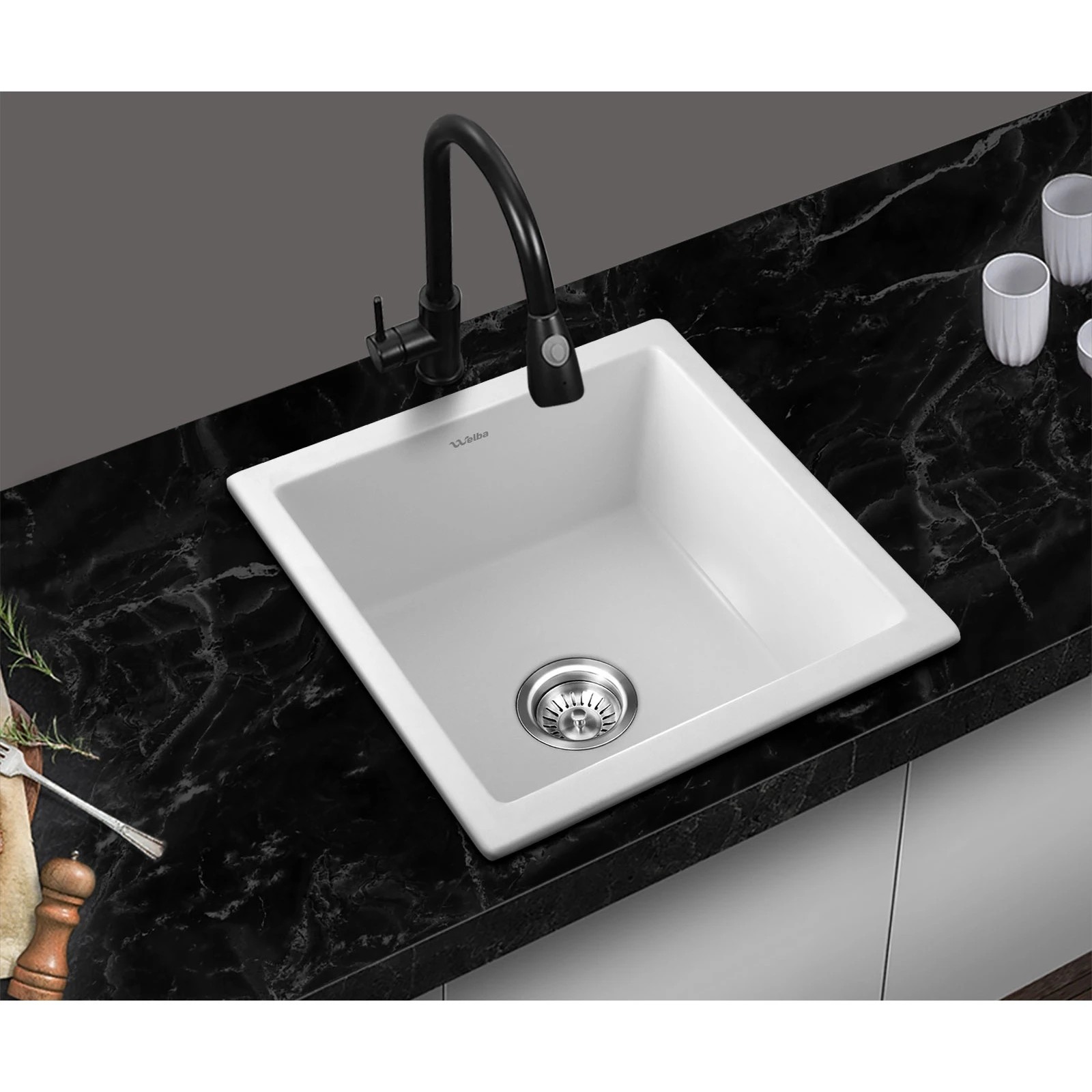 2 Welba Kitchen Sink Granite Stone Sink Laundry Basin Single Bowl 45cmx45cm - White, 2 of 5
