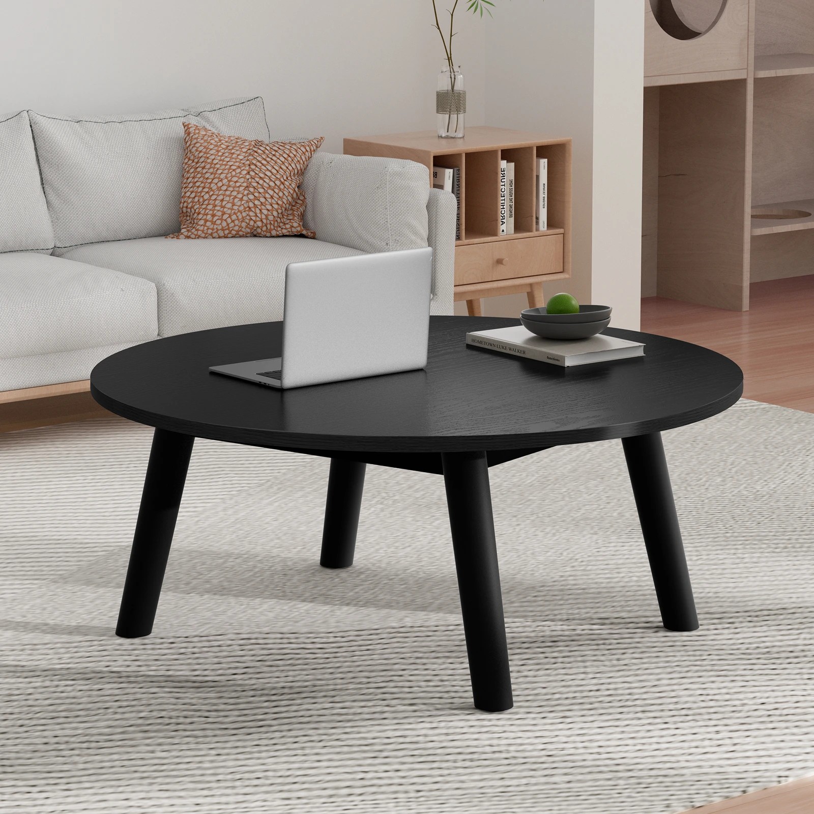 10 Alfordson Coffee Table Modern Round Table Sturdy Wooden Legs Living Room - Black, 10 of 10