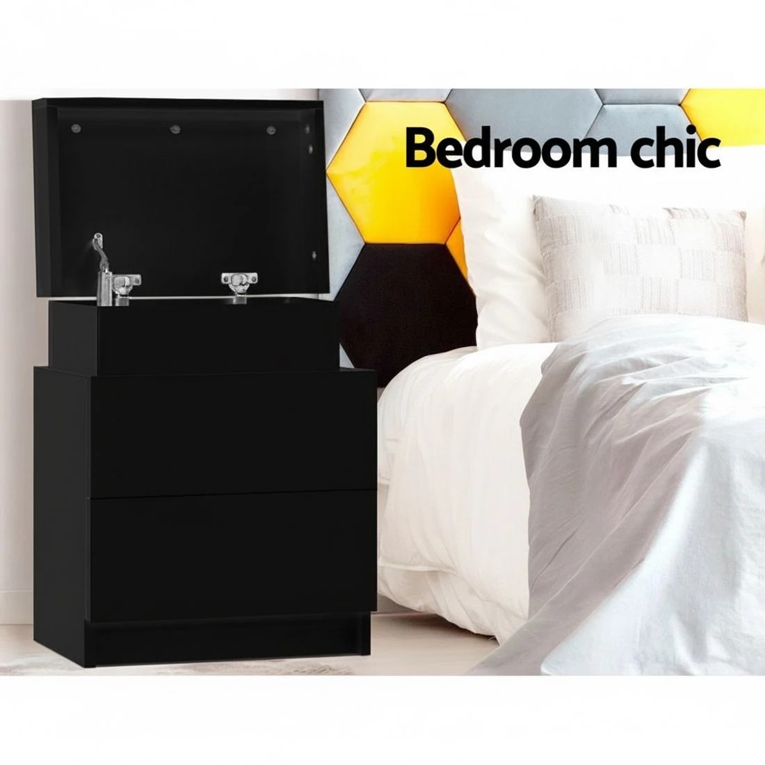 3 Artiss Bedside Table 2 Drawers Lift-up Storage - Black, 3 of 5