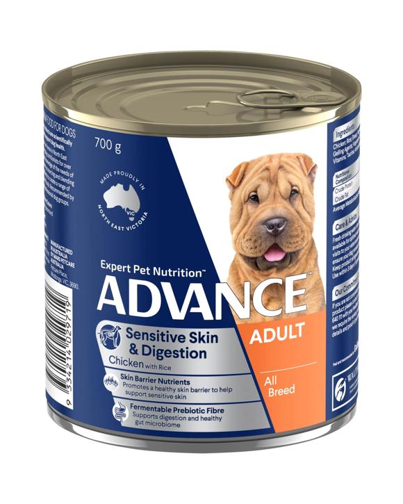 Advance Adult Sensitive Skin & Digestion Wet Dog Food Chicken w/ Rice 12 x 700g