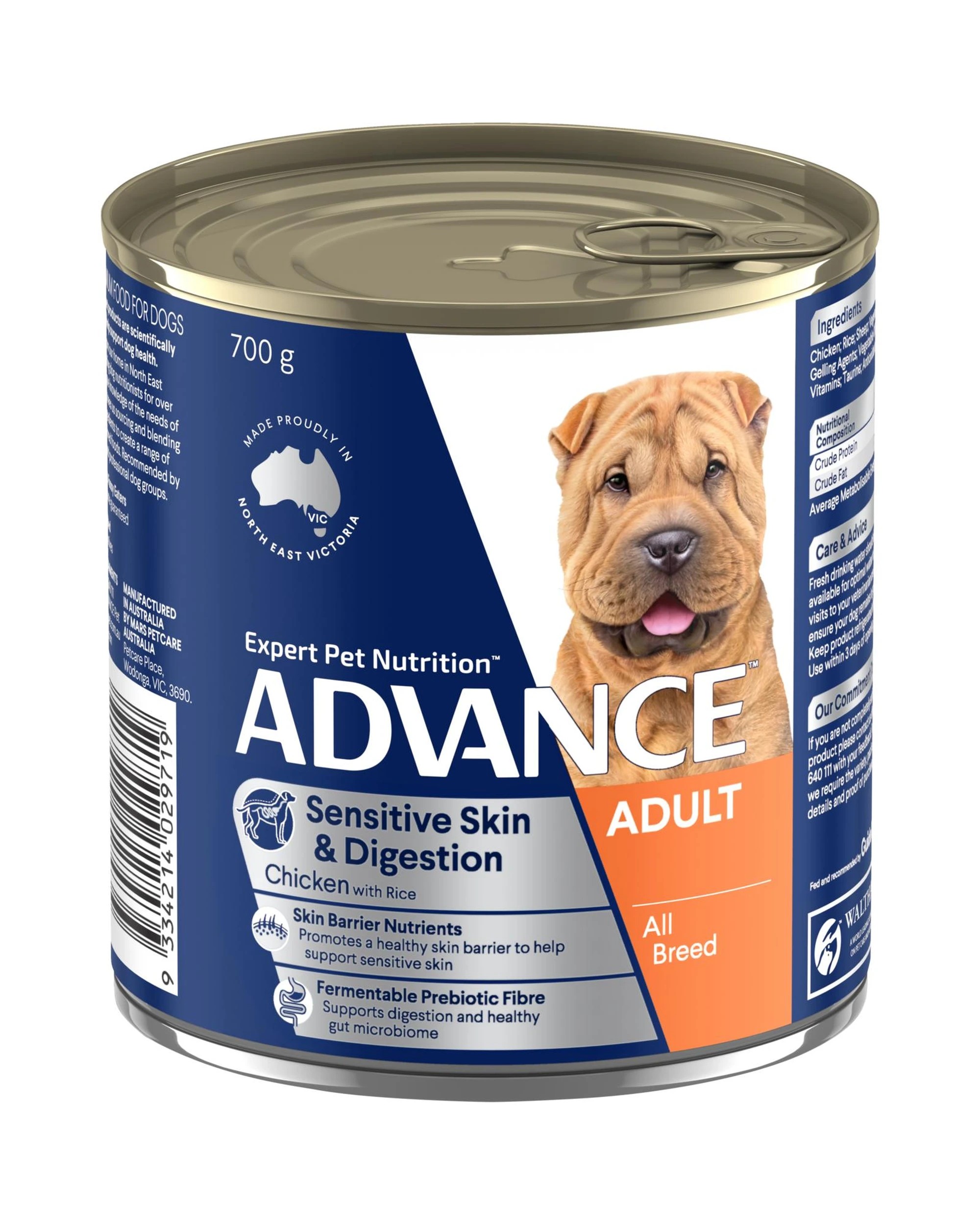 1 Advance Adult Sensitive Skin & Digestion Wet Dog Food Chicken w/ Rice 12 x 700g, 1 of 3