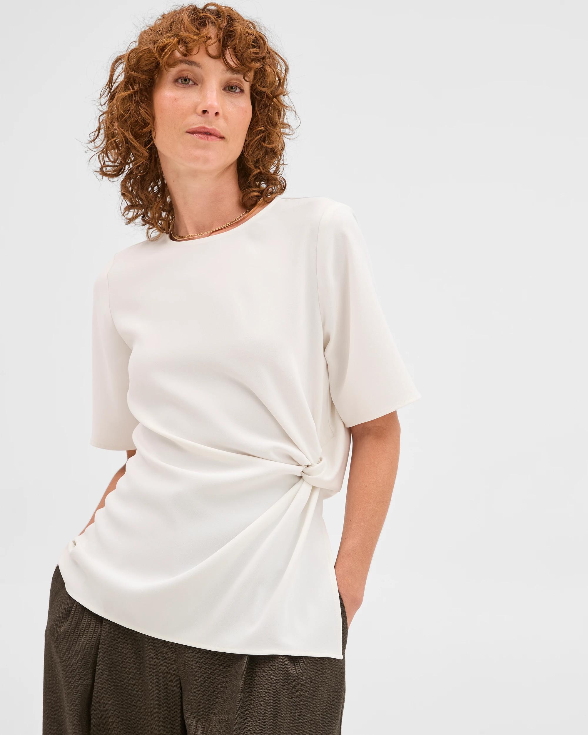 2 Preview Short Sleeve Knot Detail Blouse CLOUD DANCER, 2 of 6