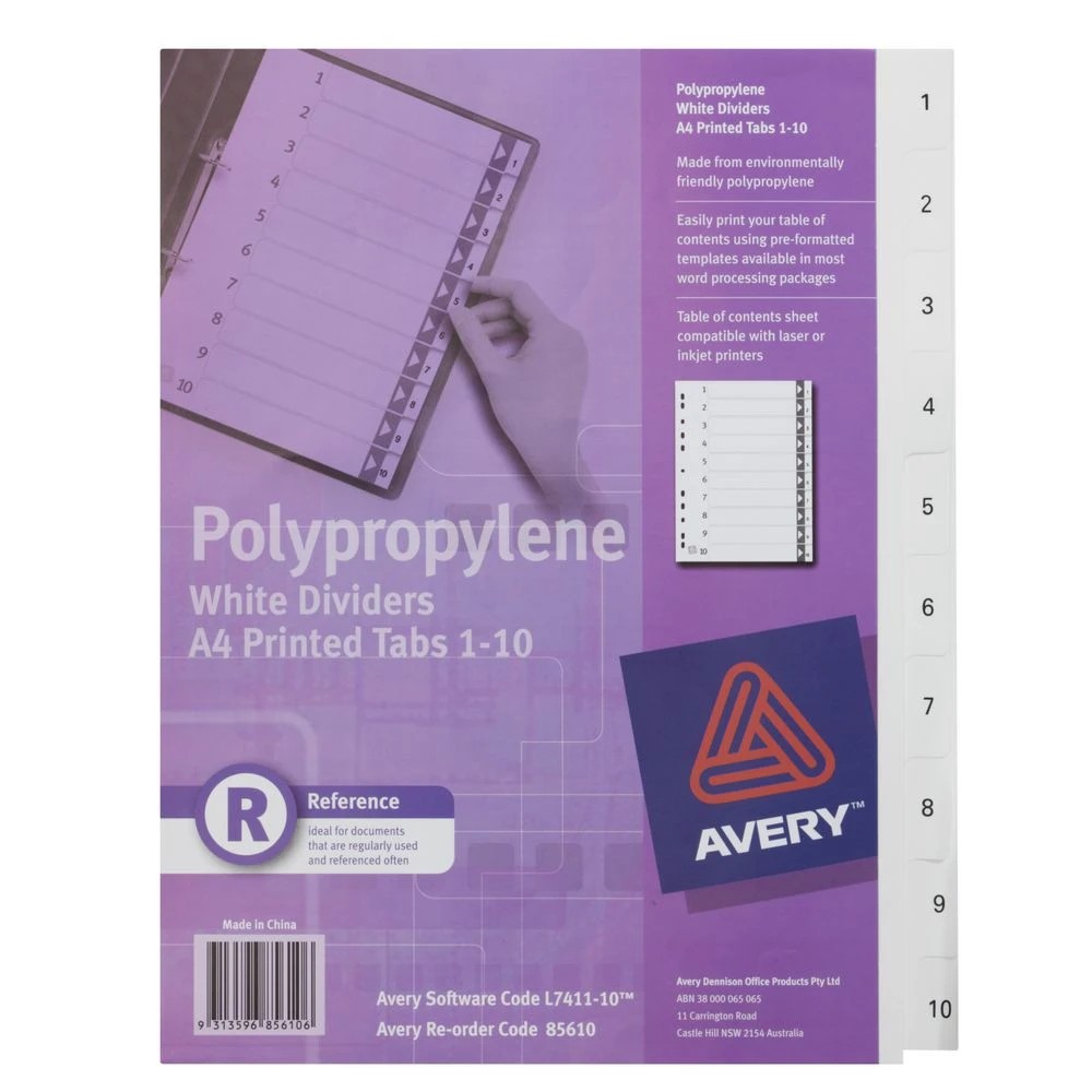 2 Avery Polypropylene A4 Printed Tabs Dividers 1 -10 White, 2 of 2