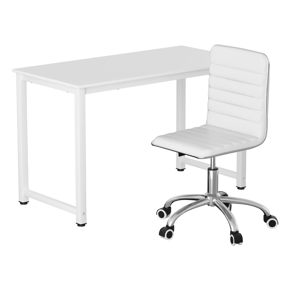 1 Artiss Computer Desk 120cm Executive Office Chairs Set PU Leather Low Back - White, 1 of 6