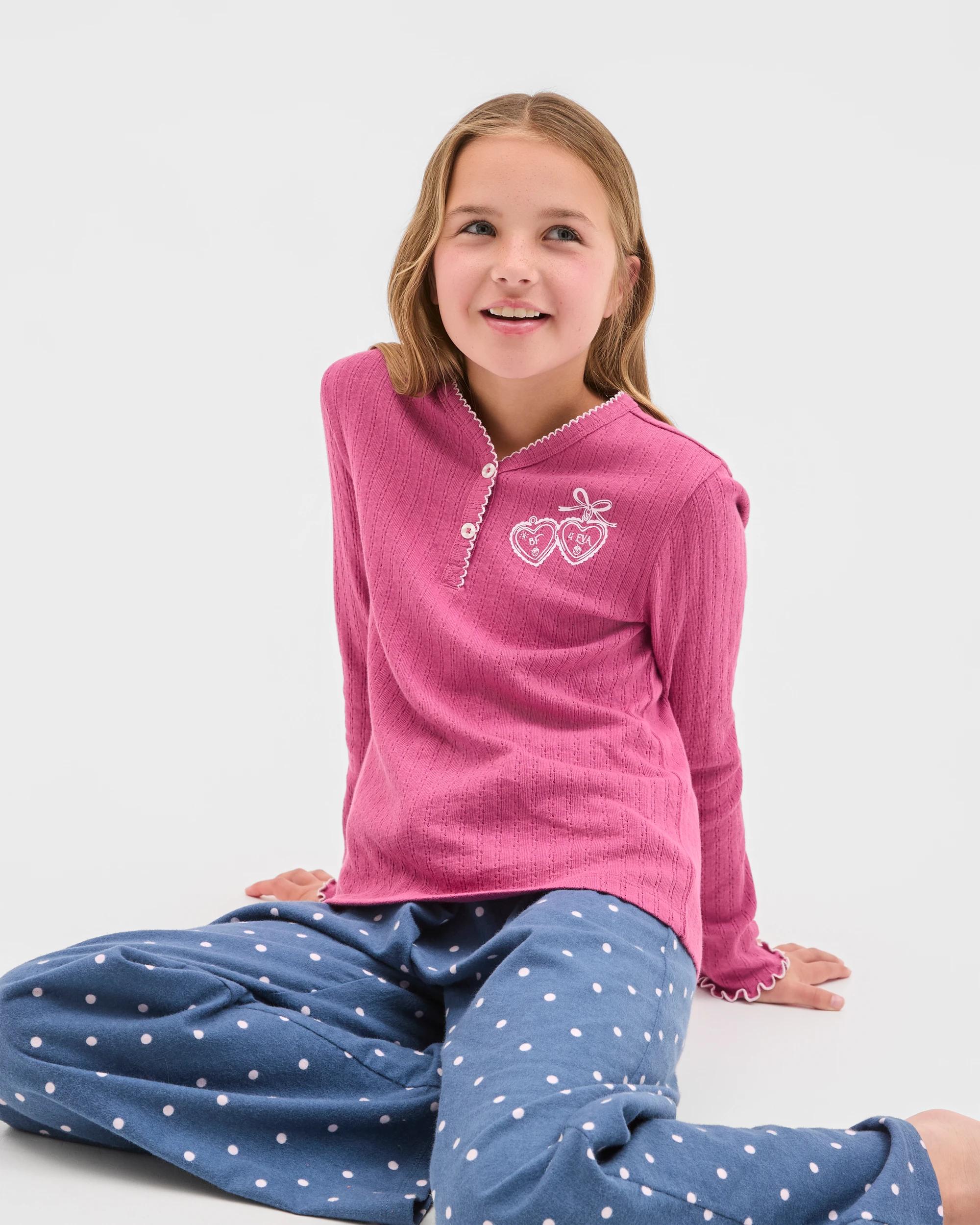 3 Target Kids Australian Cotton Older Girls Henley Top and Flannel Pants Pyjama Set HEART, 3 of 5
