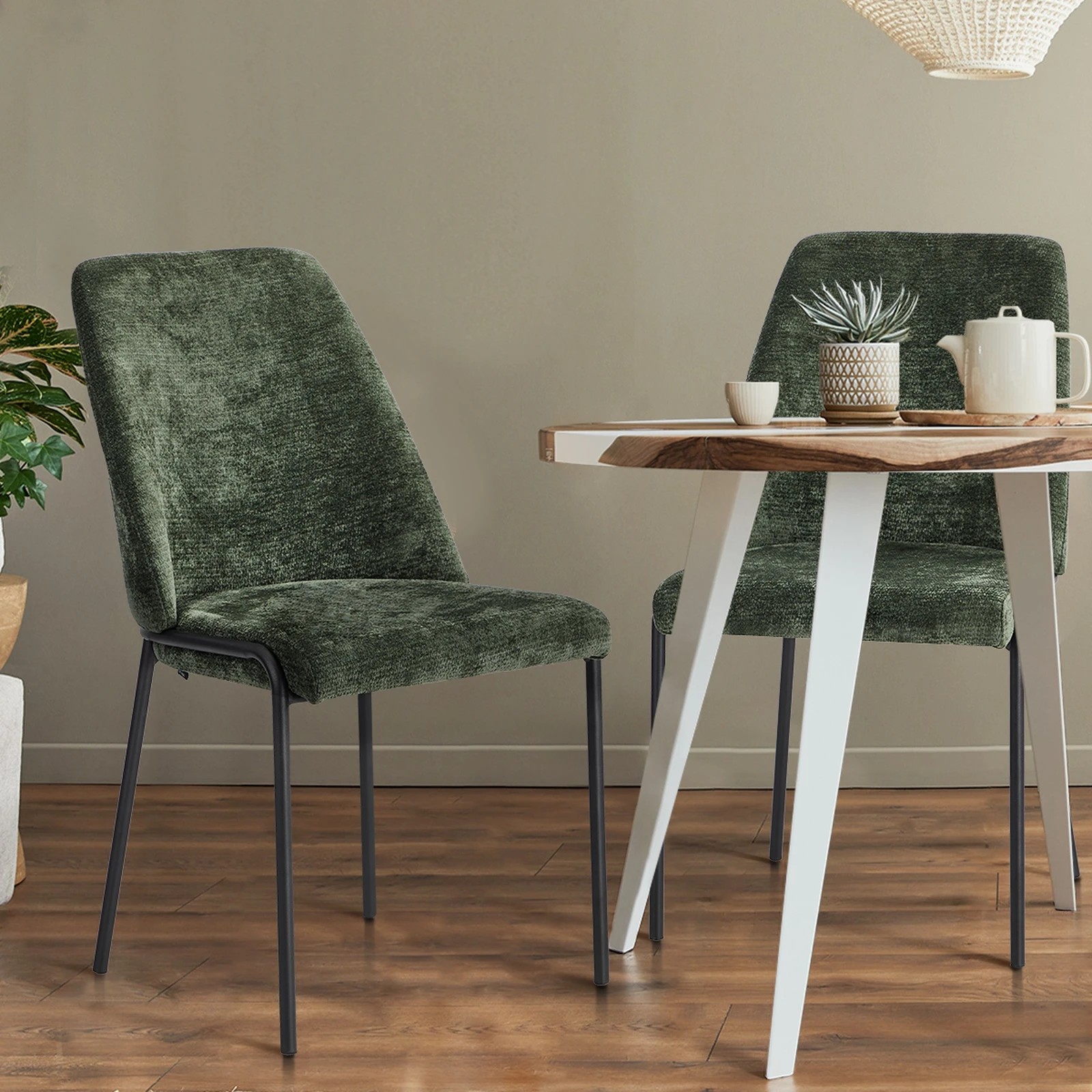 4 Oikiture Set of 2 Dining Chairs Chenille Fabric Kitchen Chair Padded Seat - Green, 4 of 9