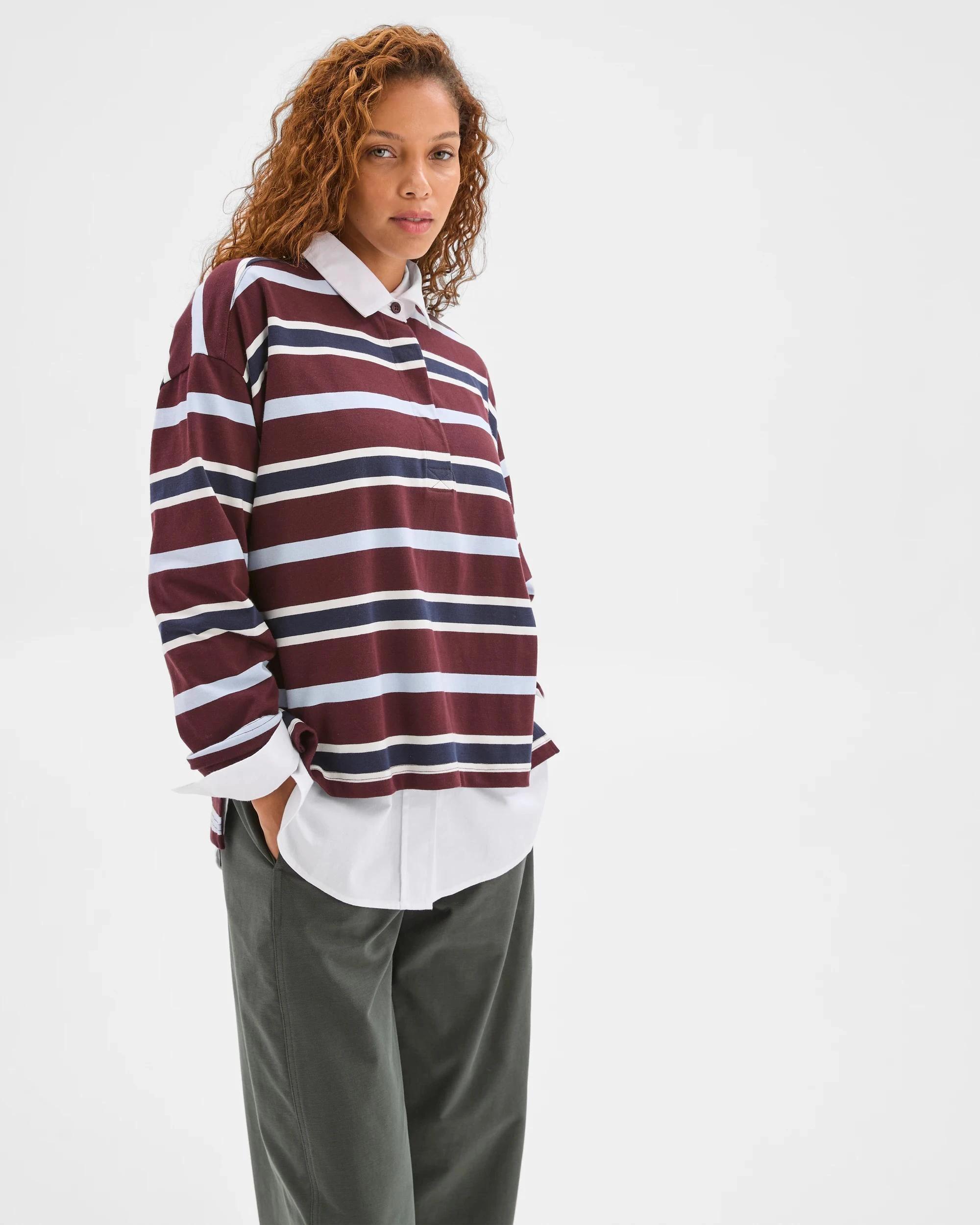 3 Target Woman Australian Cotton Long Sleeve Rugby Polo Top BURGUNDY STRIPE, 3 of 6