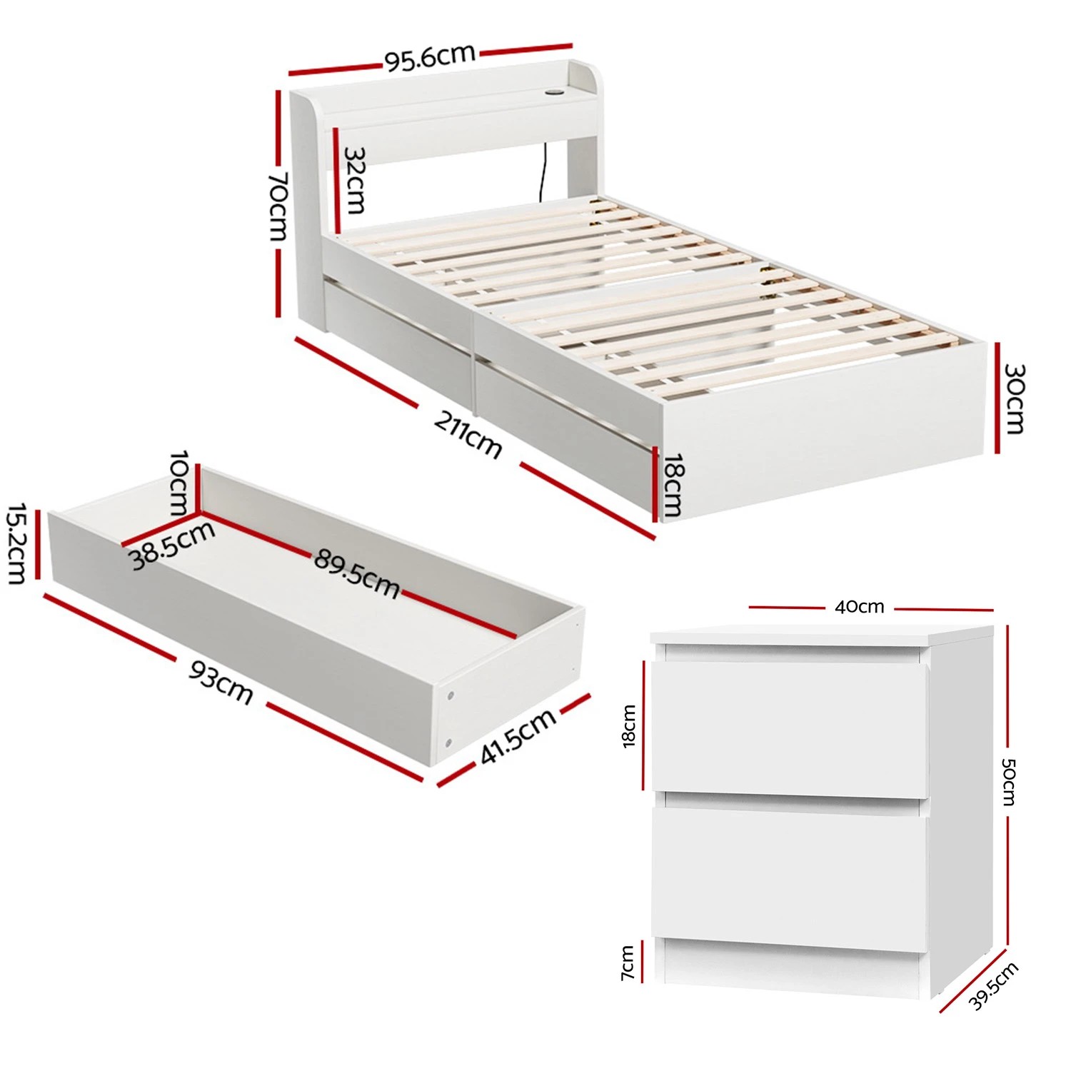 2 Artiss Single Bed Frame and Bedside Table - White, 2 of 10
