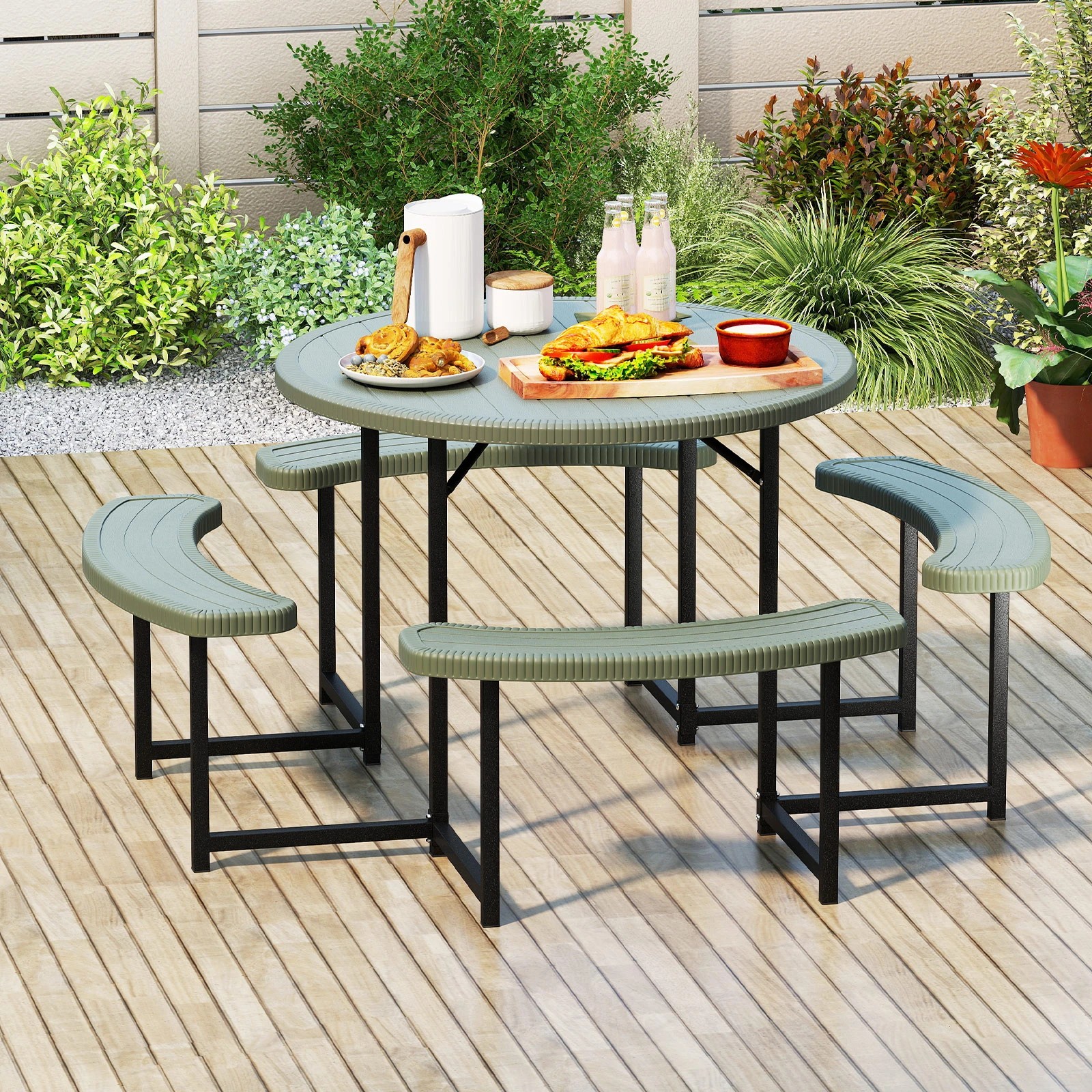 3 Costway 95cm Round Picnic Table Bench Set w/Umbrella Hole Patio Outdoor Dining Table & Chairs - Green, 3 of 3