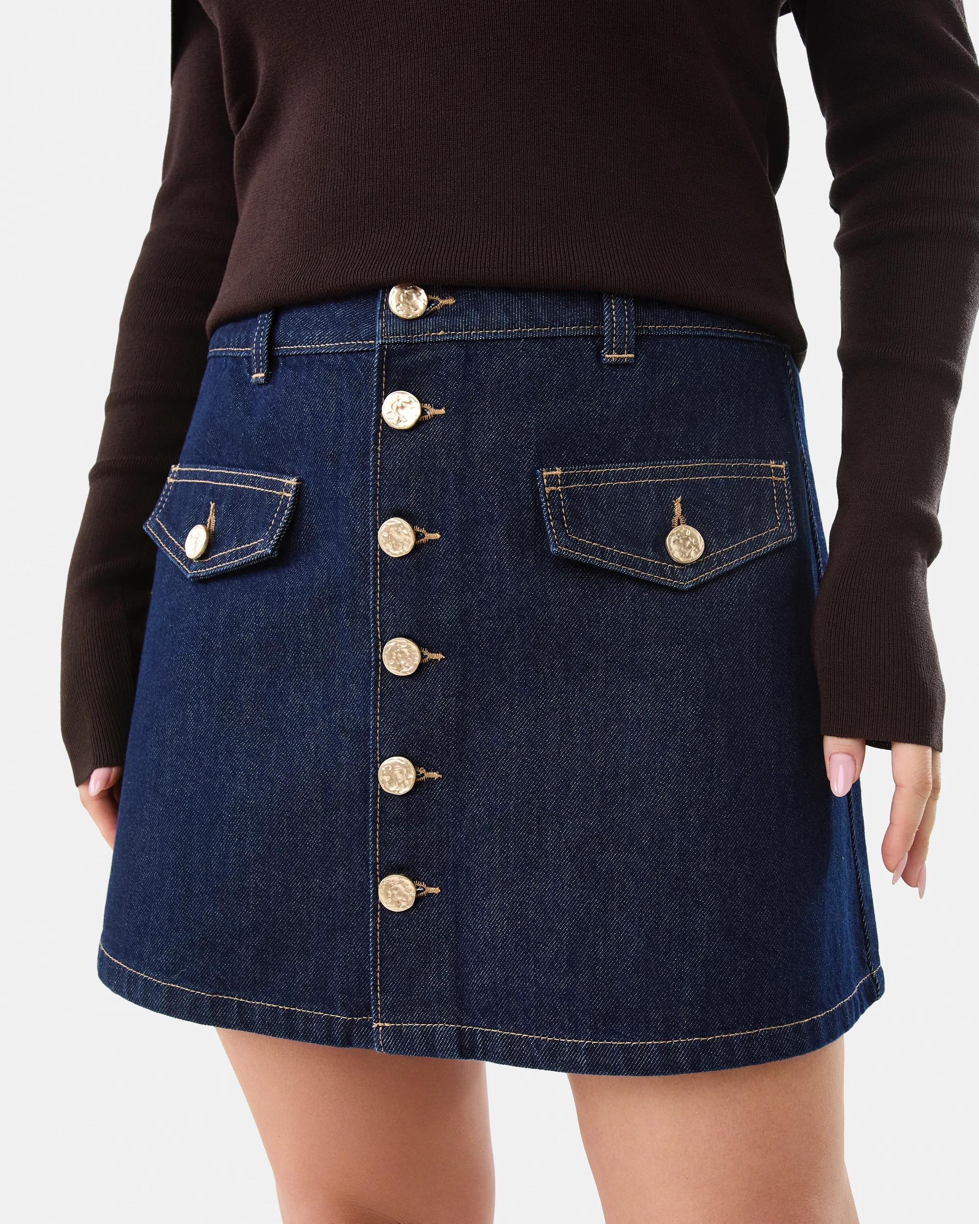 1 Denim Button Mini Skirt Indigo Wsh, 1 of 8