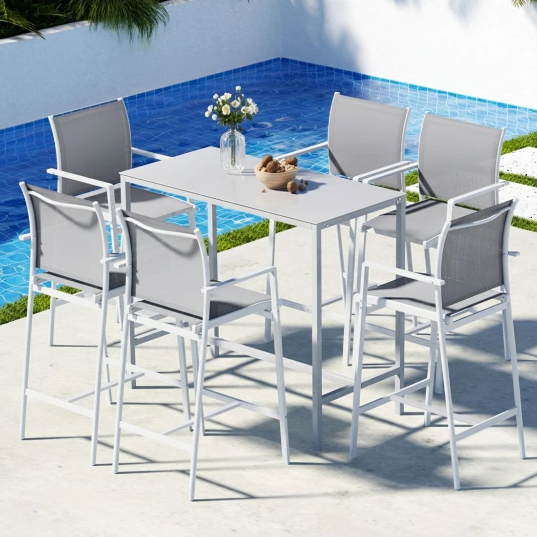 3 Gardeon 7PCS Outdoor Bar Set Stools Dining Chairs Table Patio Steel Bistro Set - White, 3 of 6