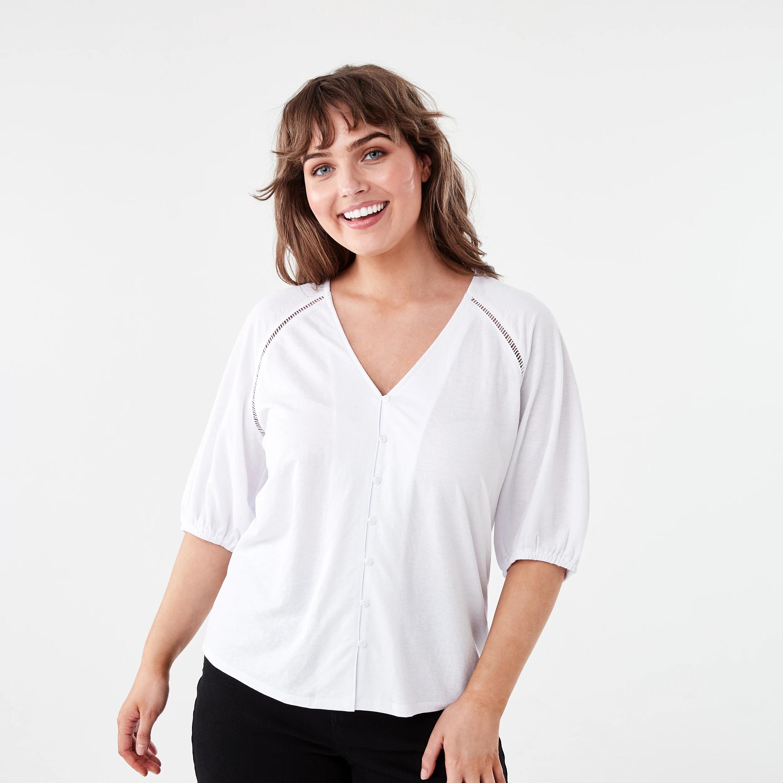 1 Short Sleeve Button Detail Top WHITE, 1 of 6