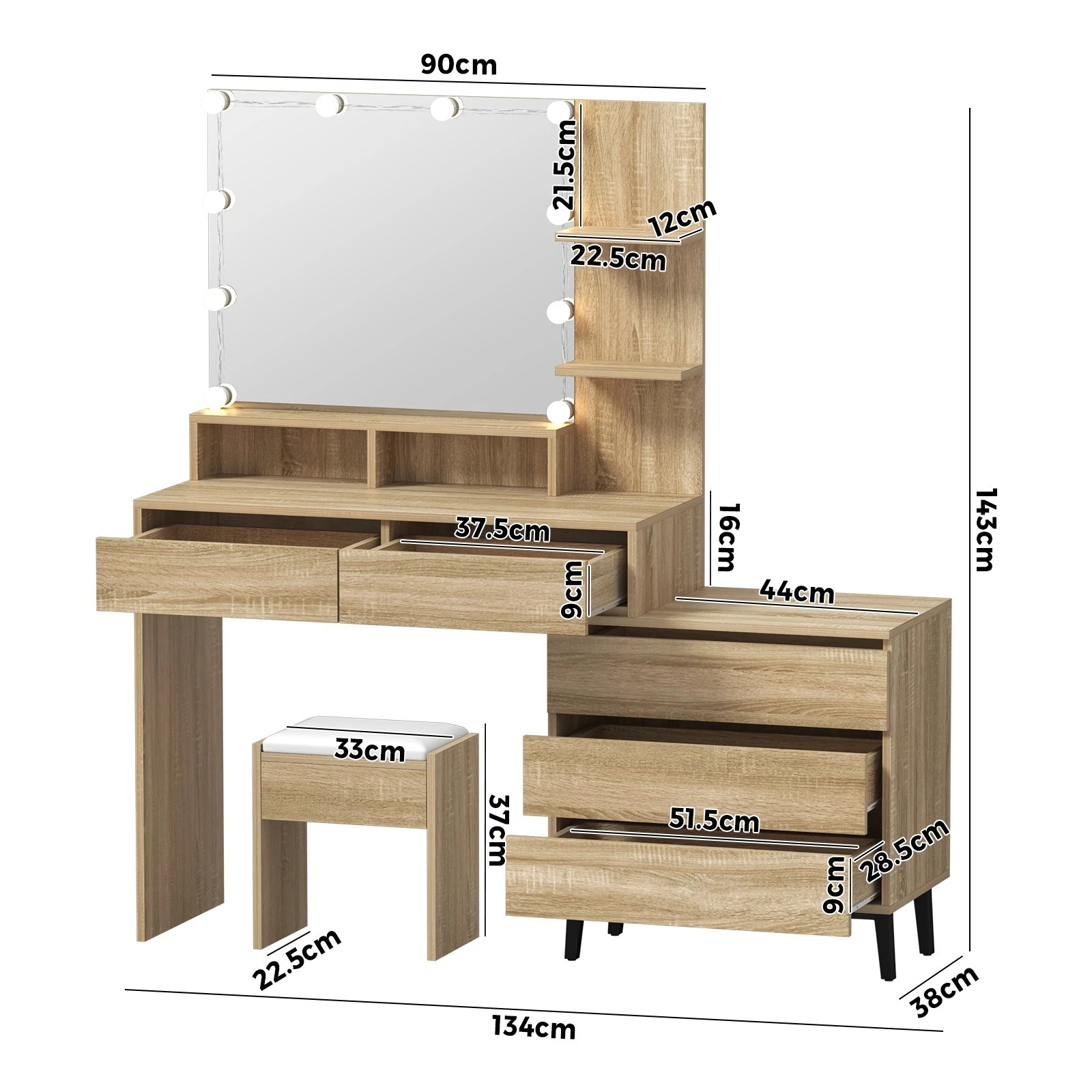 9 Oikiture Dressing Table Stool Set Makeup Mirror 10 Led Bulbs Cabinet
 - Natural, 9 of 9