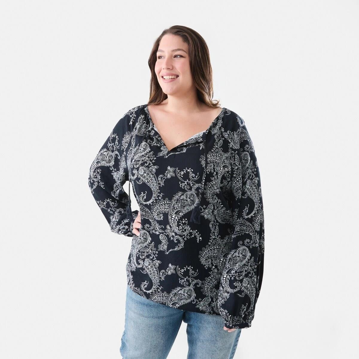 1 Curve Long Sleeve Tassel Blouse Nvy Paisly, 1 of 6