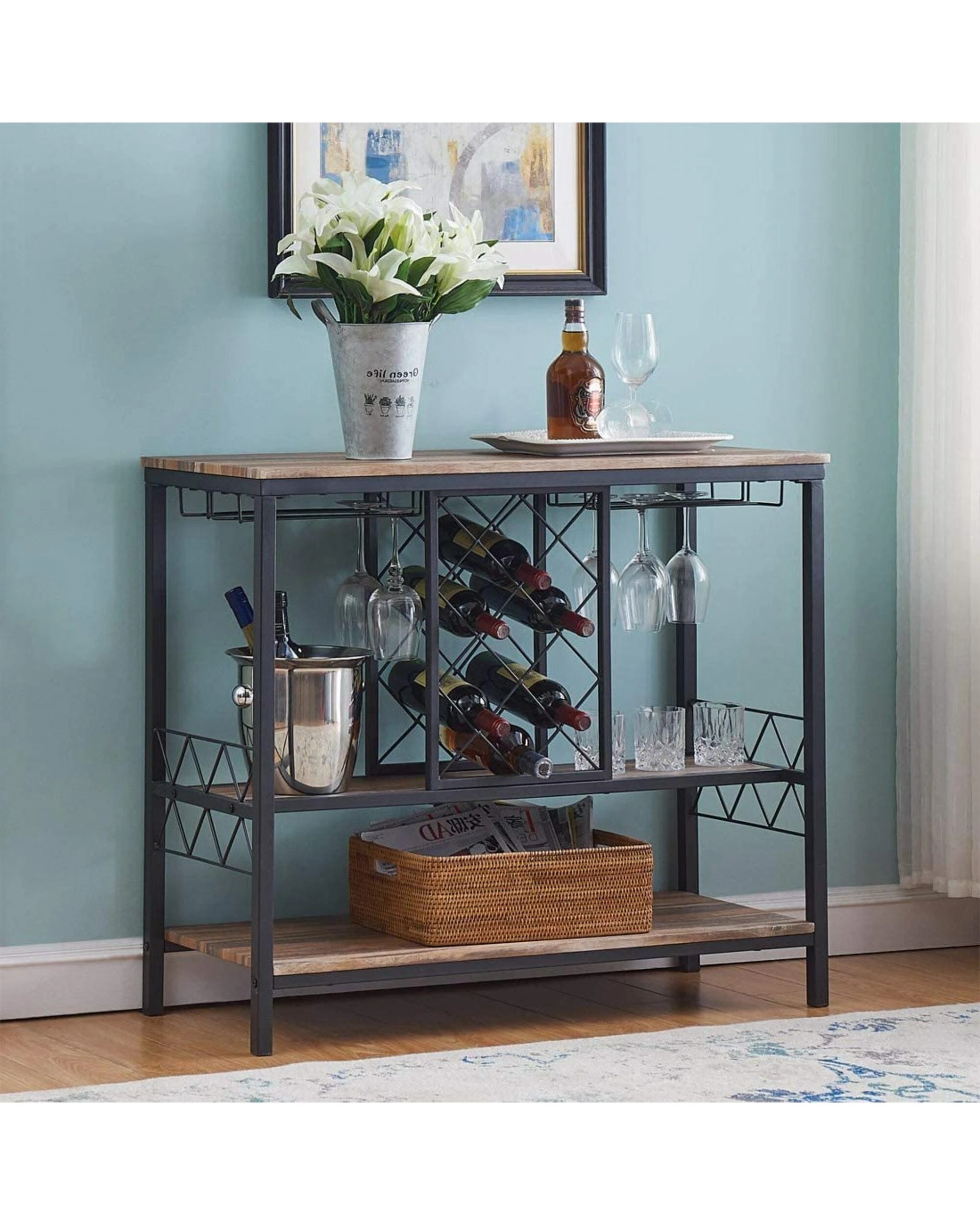 2 IHOMDEC Wine Rack Table with Glass Holder - Black, 2 of 6