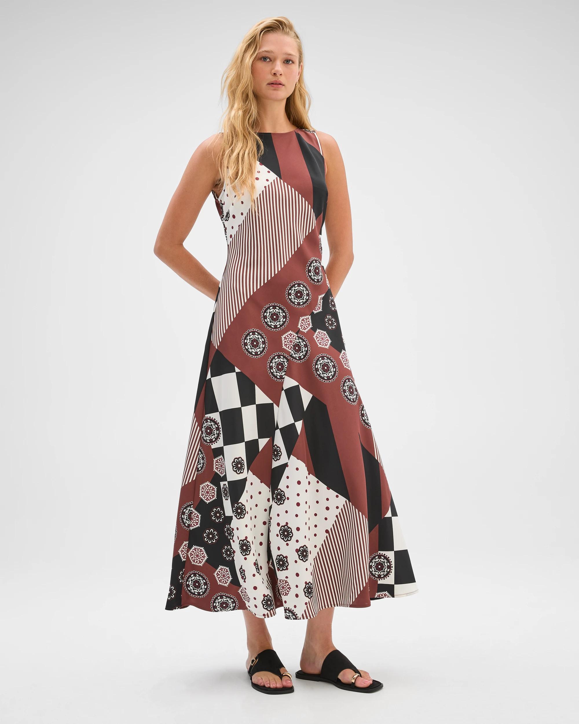 2 Preview Sleeveless Cowl Neck Asymmetric Hem Midi Dress SPLICED PRINT, 2 of 7