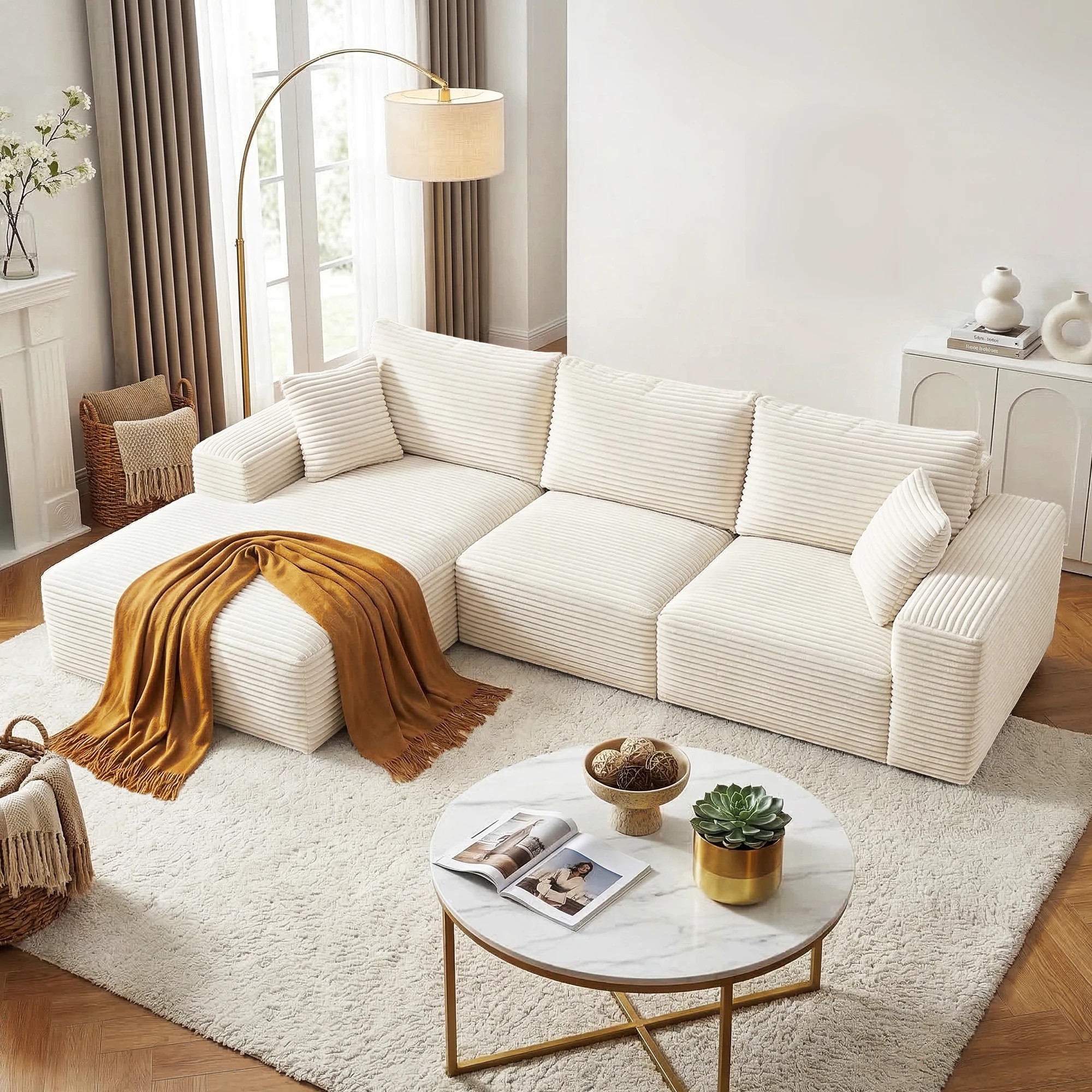 4 Artiss 3 Seater Modular Sofa Bed Sectional Boneless Couch for Living Room Corduroy Compressed Sofa - White, 4 of 4