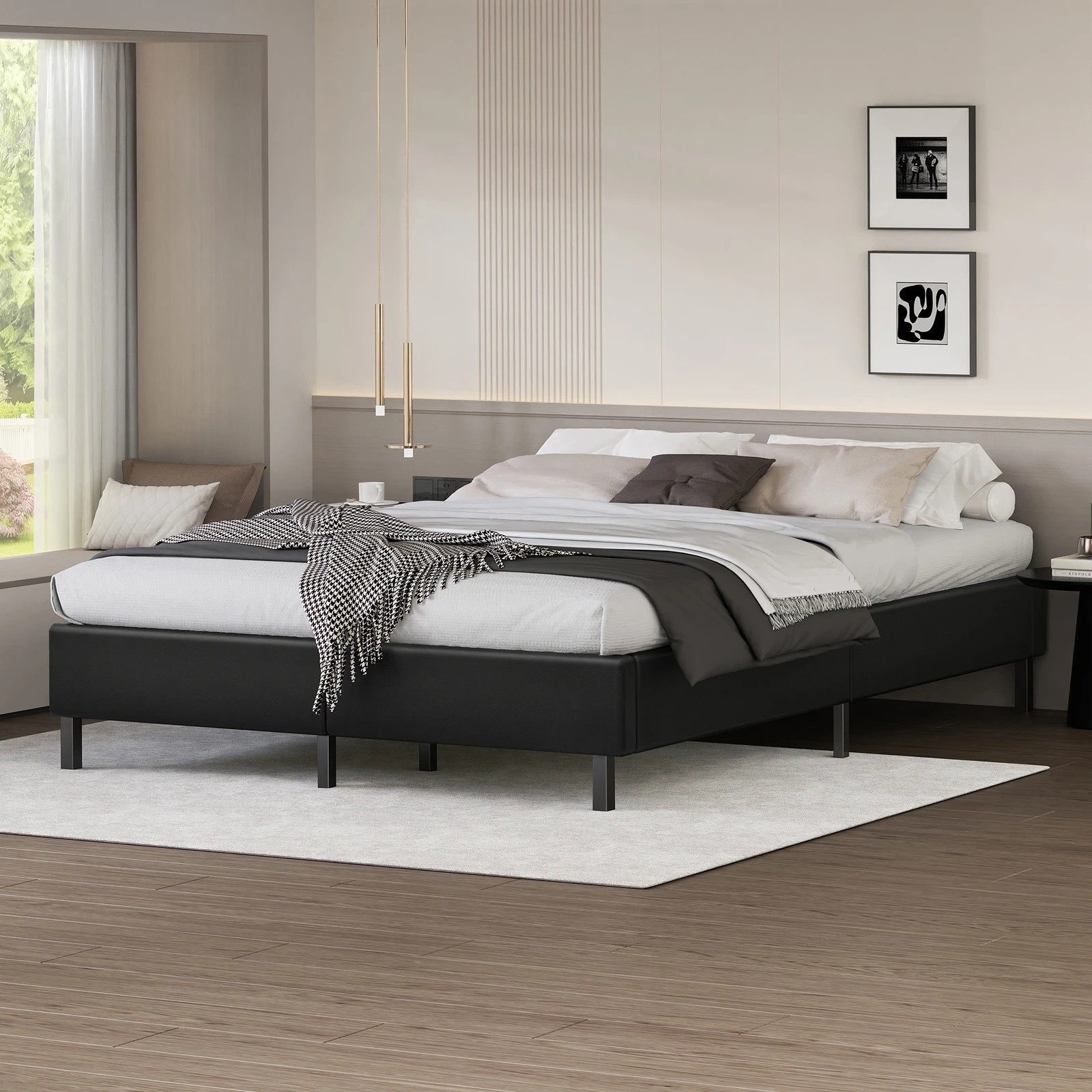 1 Alfordson Bed Frame King Size Mattress Base Foundation Leather Basel - Black, 1 of 10