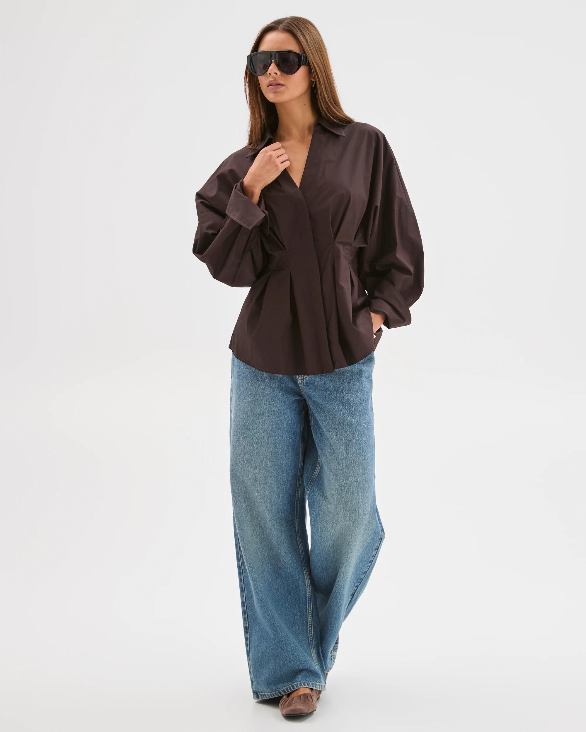 1 Lily Loves Australian Cotton Poplin Cinched Waist Shirt TRUFFLE, 1 of 8