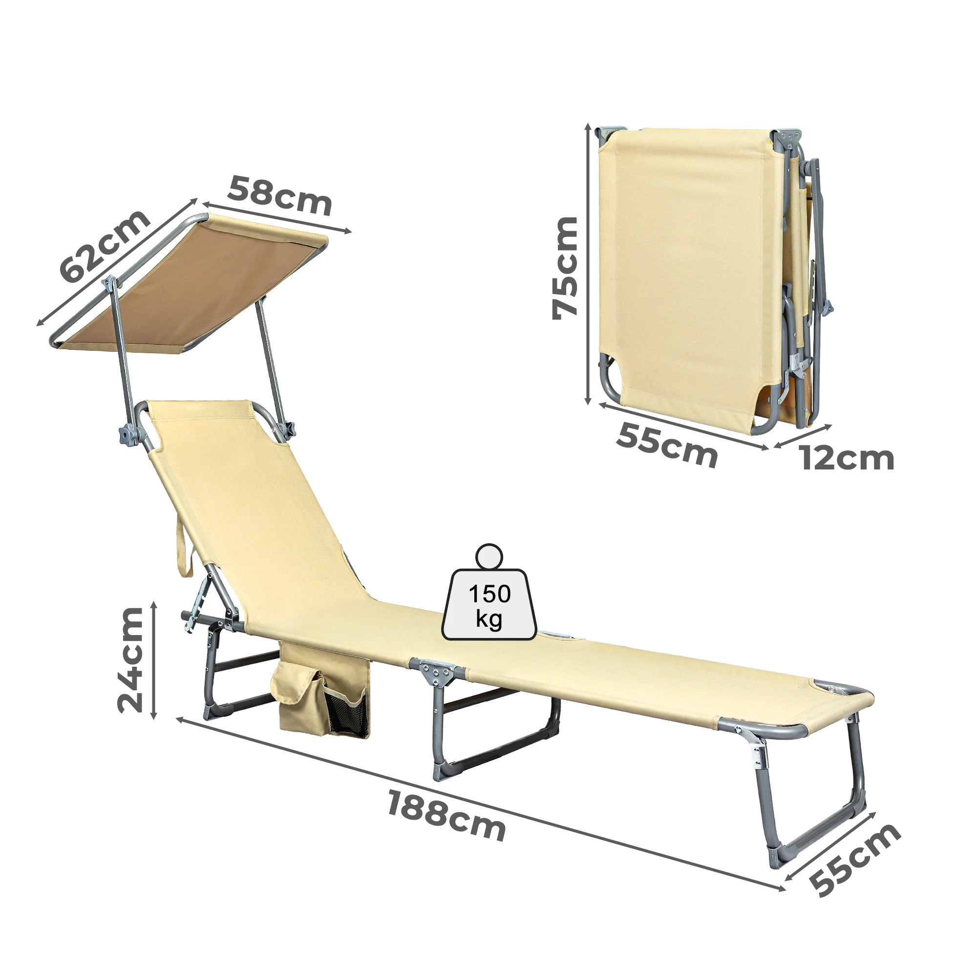 3 Levede Reclining Lounge Folding Sun Beach Chair with Canopy - Beige, 3 of 9