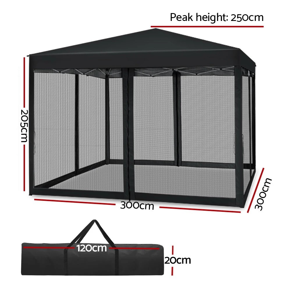 2 Instahut Gazebo Pop Up Marquee 3x3m Wedding Party Outdoor Camping Tent Canopy Shade Mesh Wall - Black, 2 of 7