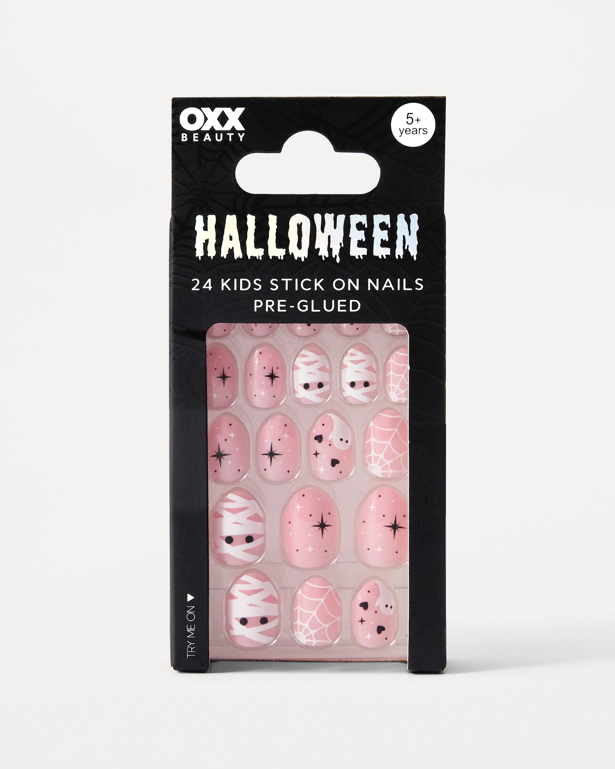 1 OXX Beauty Kids Halloween 24 Pack Pre-Glued Stick-On Nails - Pink and Ghost, 1 of 4
