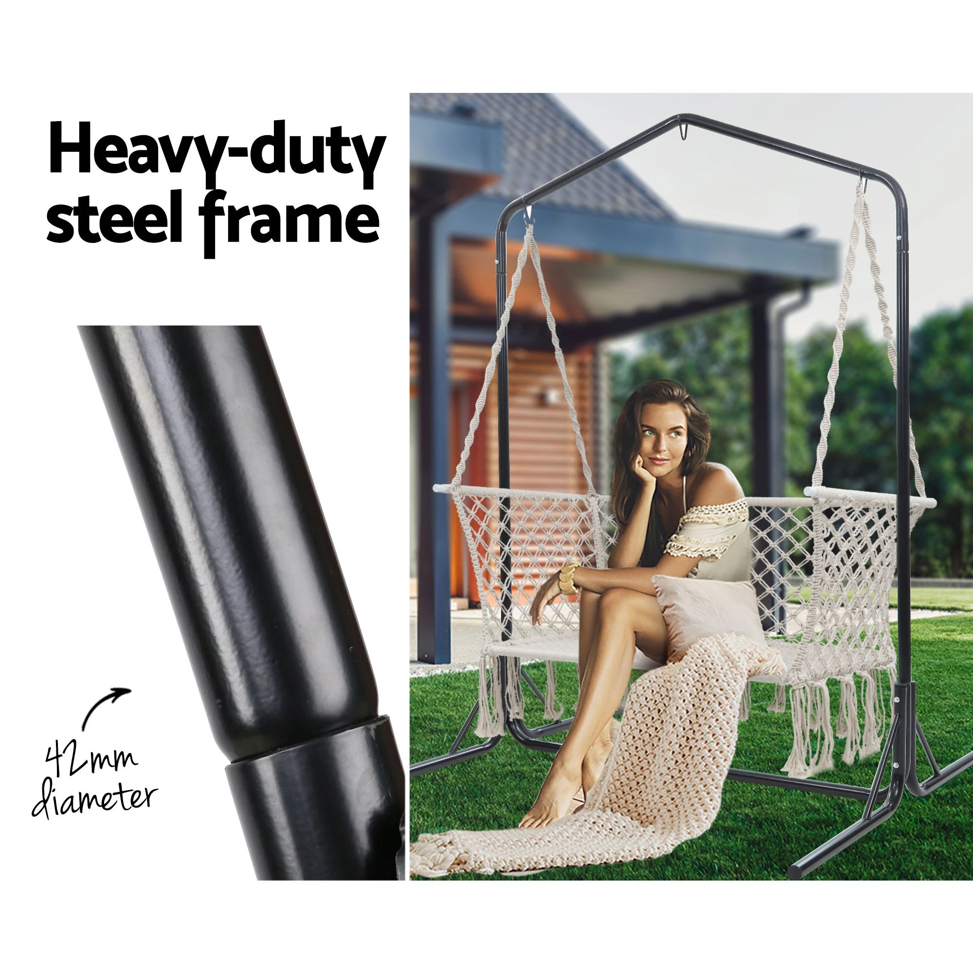 5 Gardeon Hammock Chair with Stand Macrame Outdoor Garden 2 Seater Cream - Multi, 5 of 7