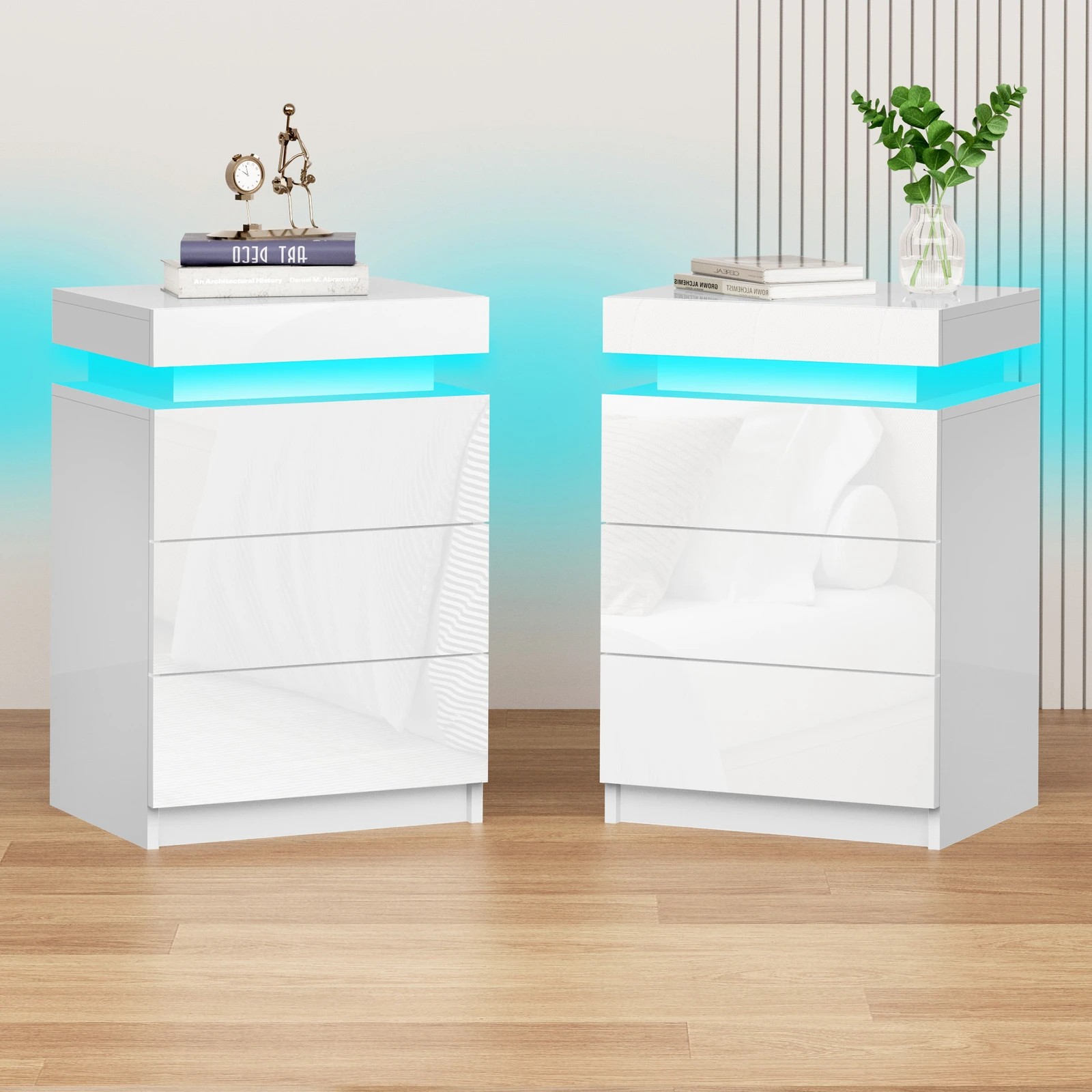 2 Alfordson 2x Bedside Table LED Nightstand 3 Drawers High Gloss - White, 2 of 10