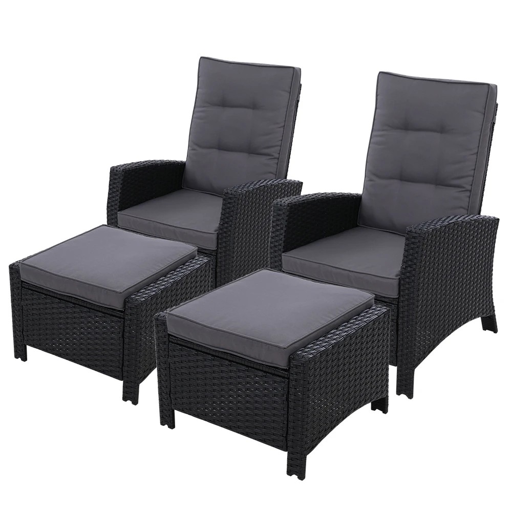 1 Gardeon 2PC Recliner Chairs Sun lounge Wicker Lounger Outdoor Furniture - Black, 1 of 6