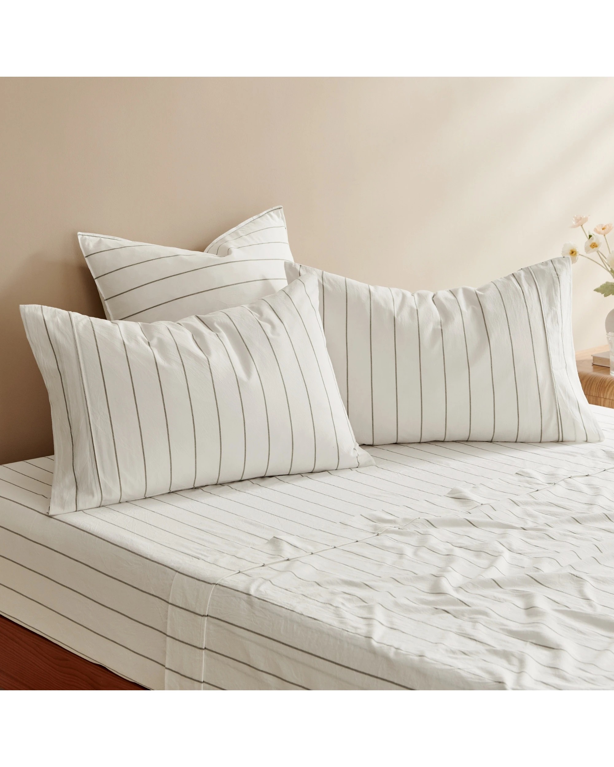 3 Dreamaker Rumi Stripe Washed Cotton Sheet Set - Single Bed - White with Olive, 3 of 7