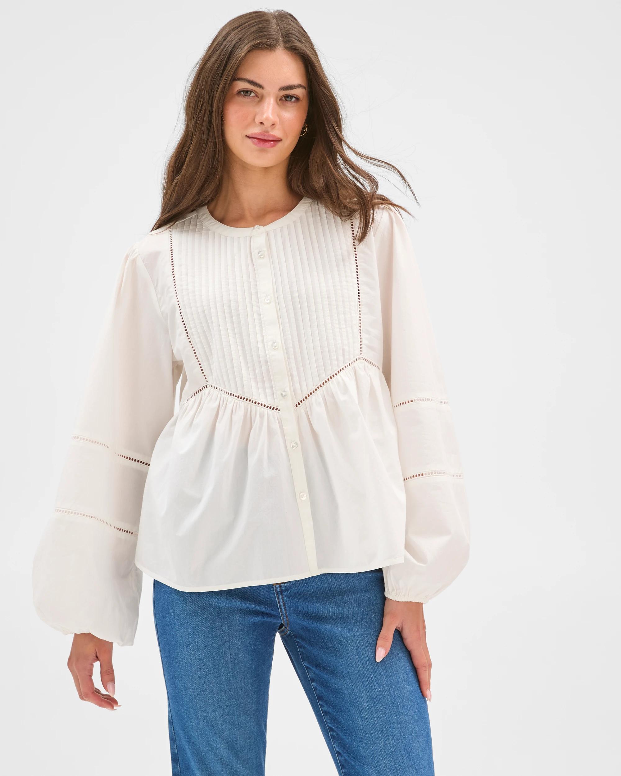 2 Target Petites Long Sleeve Trim Detail Pintuck Blouse PALE OAT, 2 of 6