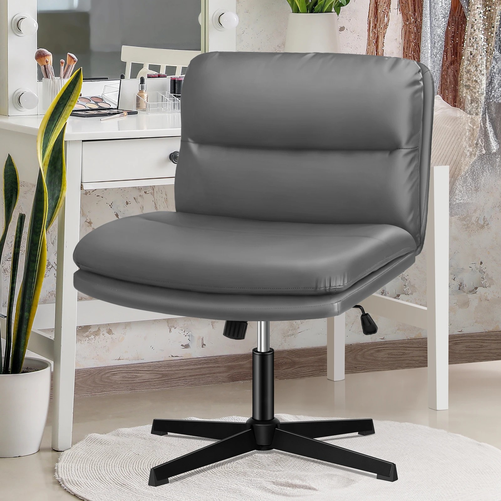4 Alfordson Office Chair Computer Cross-legged Seat Work Ottoman PU Leather - Grey, 4 of 10