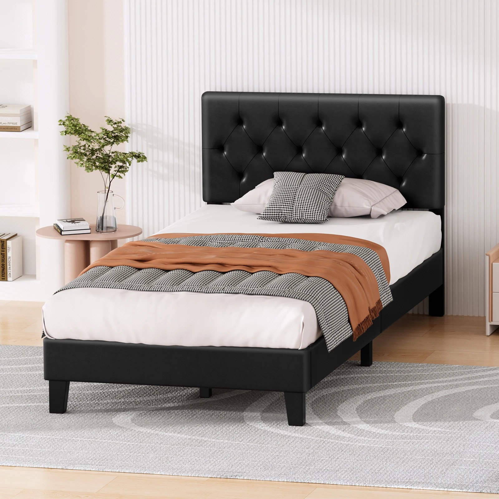8 Alfordson Bed Frame Single Size Tufted Headboard Modern Leather Meduna - Black, 8 of 9