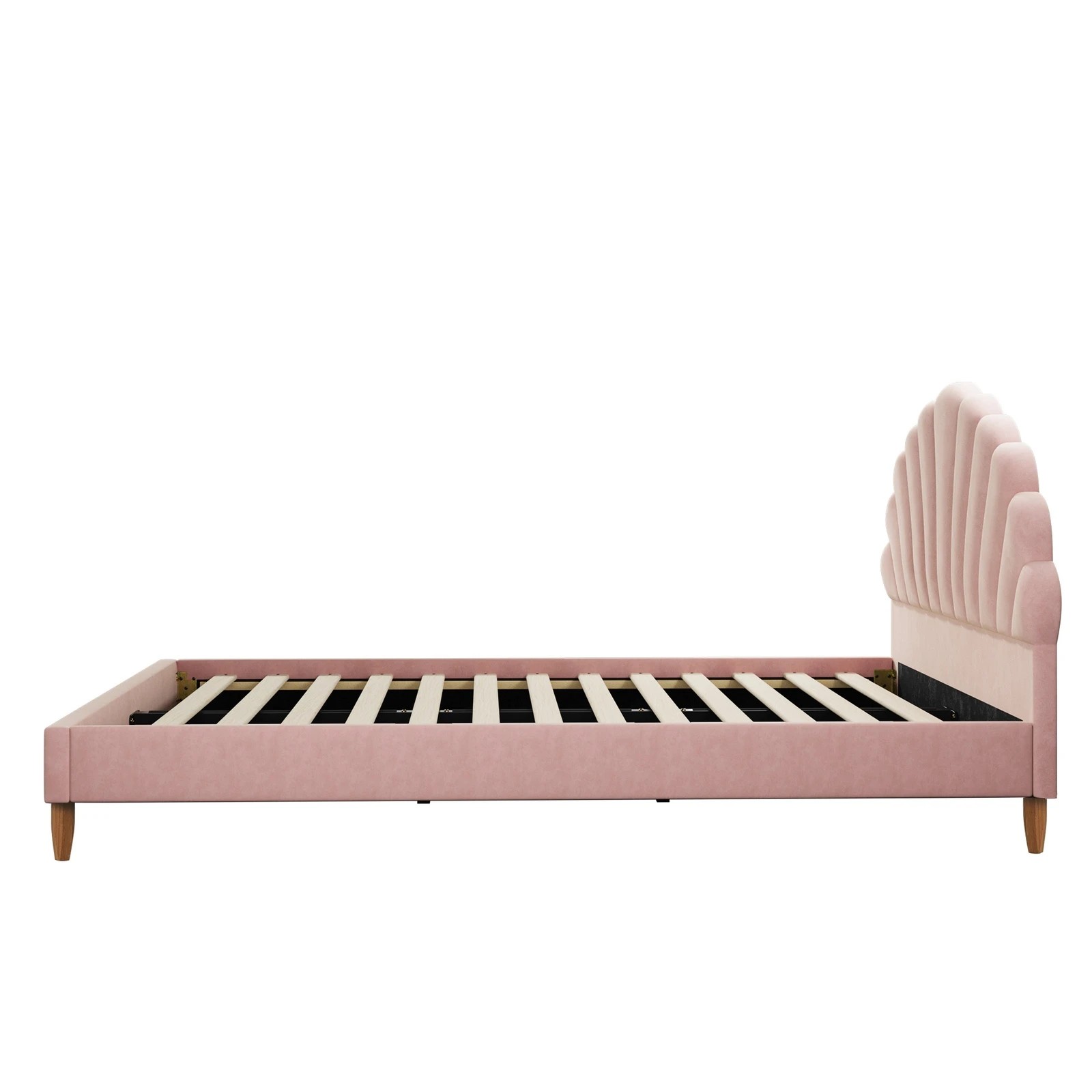 8 Oikiture Double Bed Frame Scallop-shape Bedhead Velvet- Pink, 8 of 10