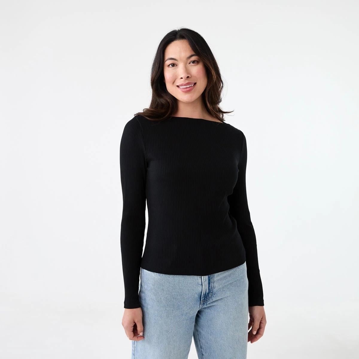 1 Long Sleeve Rib Boat Neck Top Black, 1 of 5